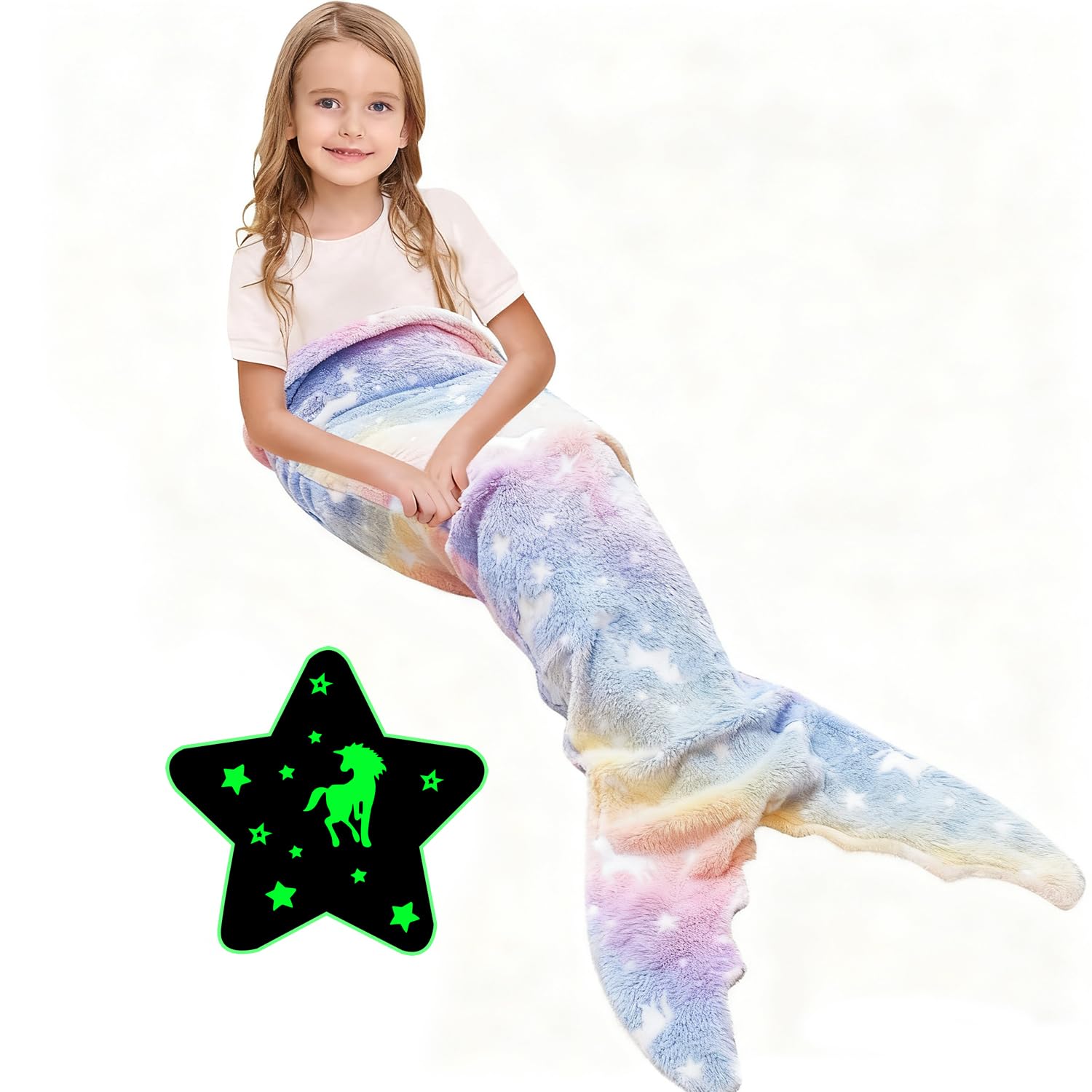 Ranedo Mermaid Tail Blanket for Girls, Glow in The Dark Unicorn Flannel Throw, Soft All-Season Wearable Snuggle Blanket Gift for Kids & Teens, 110 ร 45 cm, Purple