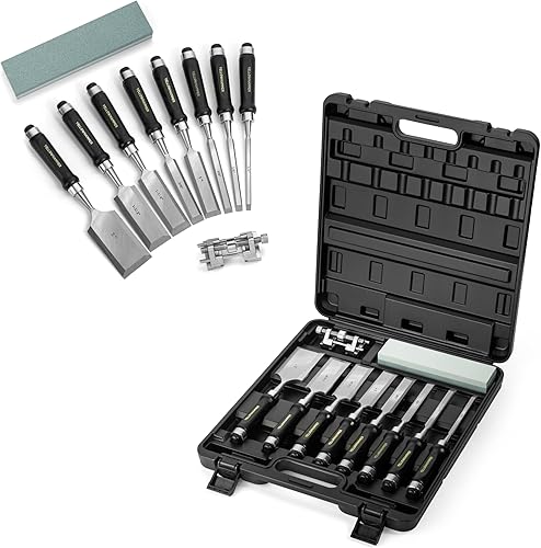 Yellowhammer Juego de 10 cinceles de madera, incluye 8 cinceles (1/4, 3/8, 1/2, 3/4, 1, 1-1/4, 1-1/2, 2), guía de afilado y piedra de afilar de