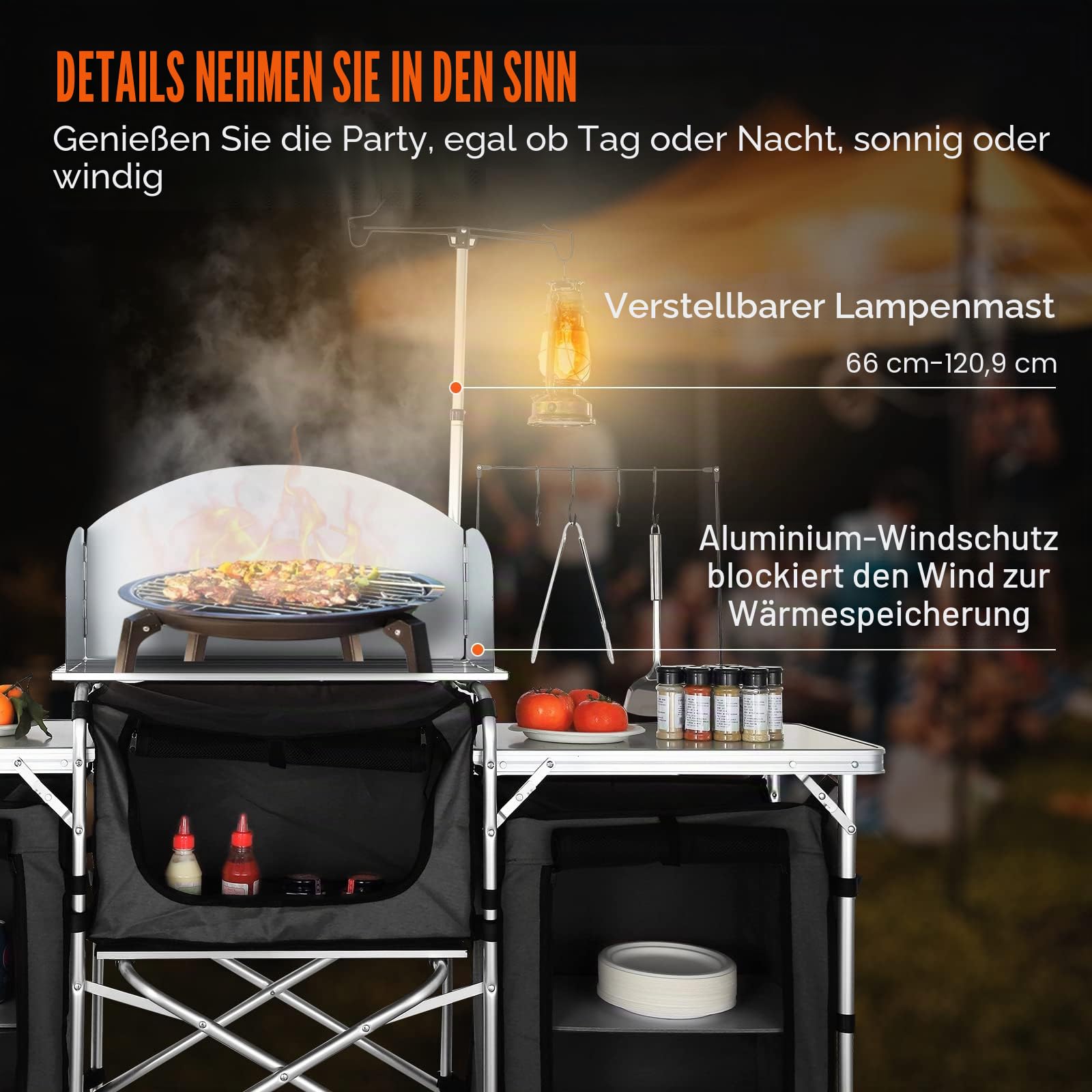 VEVOR Camping-Küchentisch, Klappbarer Outdoor-Kochtisch mit Aufbewahrungstasche, Aluminium-Kochstation mit 3 Schränken und Abnehmbarer Windschutzscheibe, Schneller Aufbau für Picknicks usw.