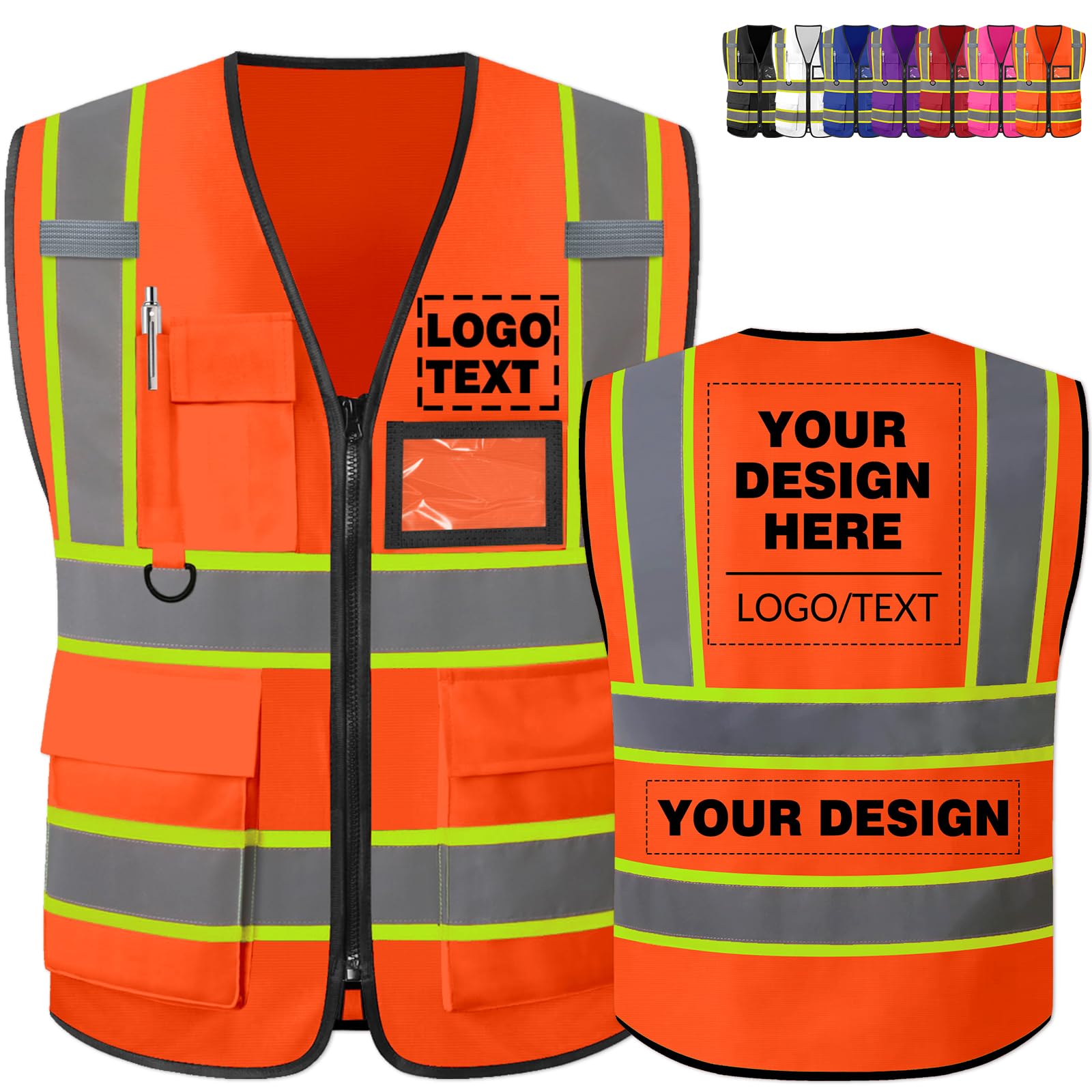 Custom Safety Vest Logo High Visibility Vest Personalized Dual Tone Reflective Strips Pockets Zipper