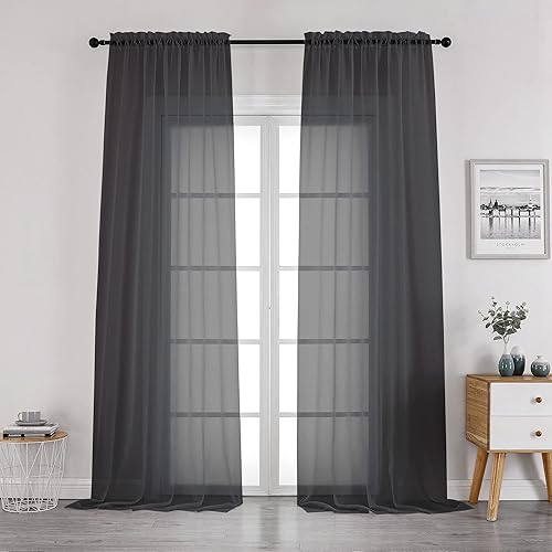 OWENIE Cortinas traslúcidas negras de 96 pulgadas de largo, elegantes cortinas traslúcidas para dormitorio, paneles de cortina de gasa para ventana,