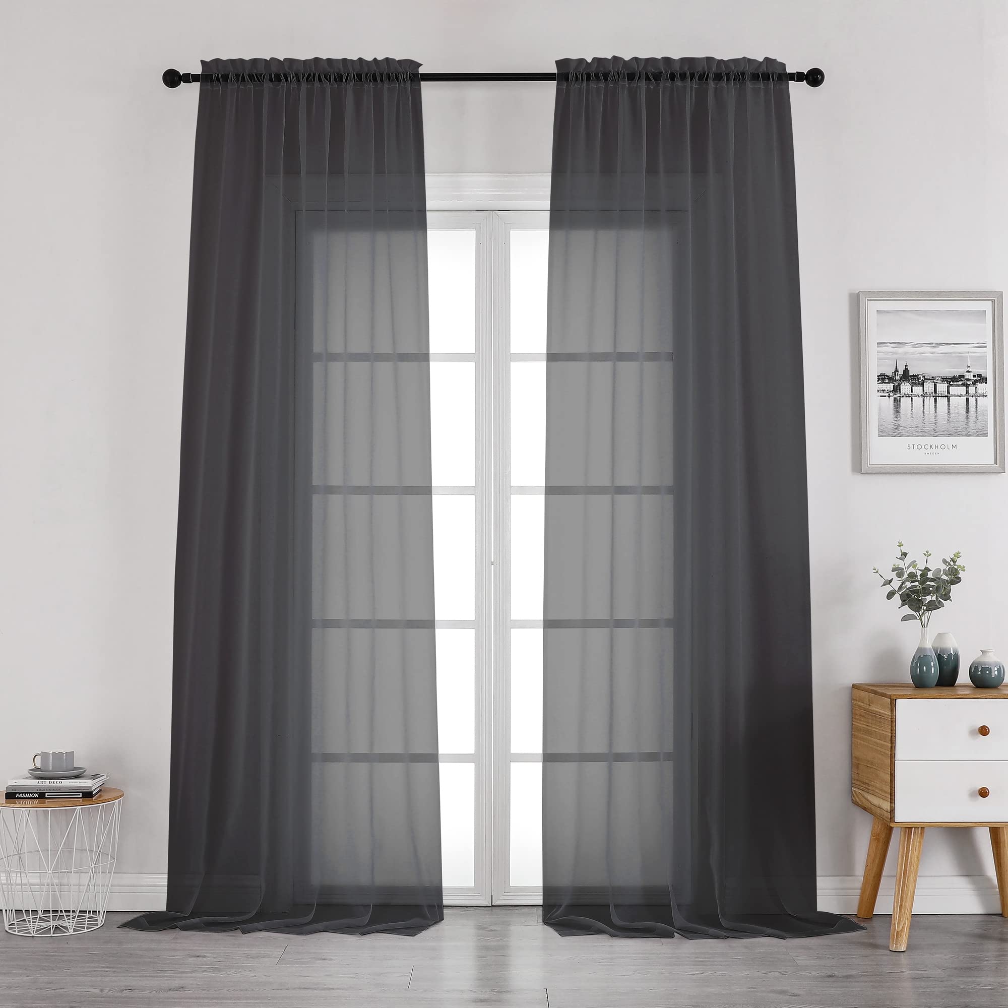 OWENIE Black Sheer Curtains 96 Inch Length, Elegant Sheer Curtains for Bedroom, Window Voile Sheer Curtain Panels/Drapes/Treatment for Living Room,