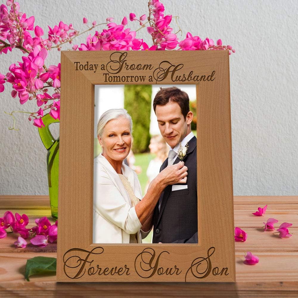 KATE POSH Today a Groom, Tomorrow a Husband, Forever Your Son Picture Frame - Engraved Natural Wood Photo Frame - Father of The Groom Gifts, Mother of The Groom Gifts (5x7-Vertical - Groom)