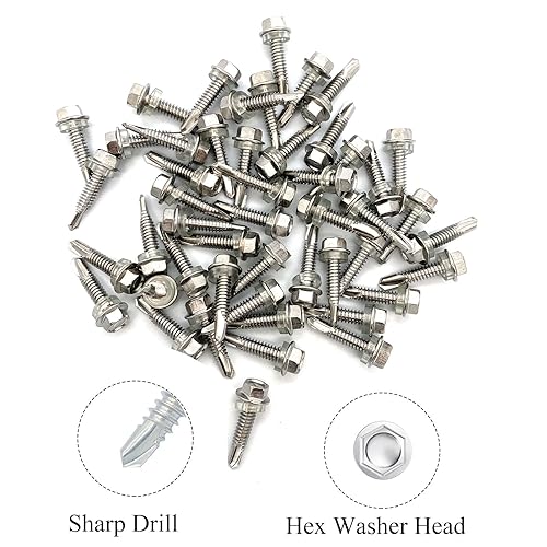 Miniatura 4 de Tornillos autoperforantes con cabeza hexagonal de 12 x 1 pulgada, acero inoxidable 410, tornillos Tek de chapa autorroscantes, 50 unidades