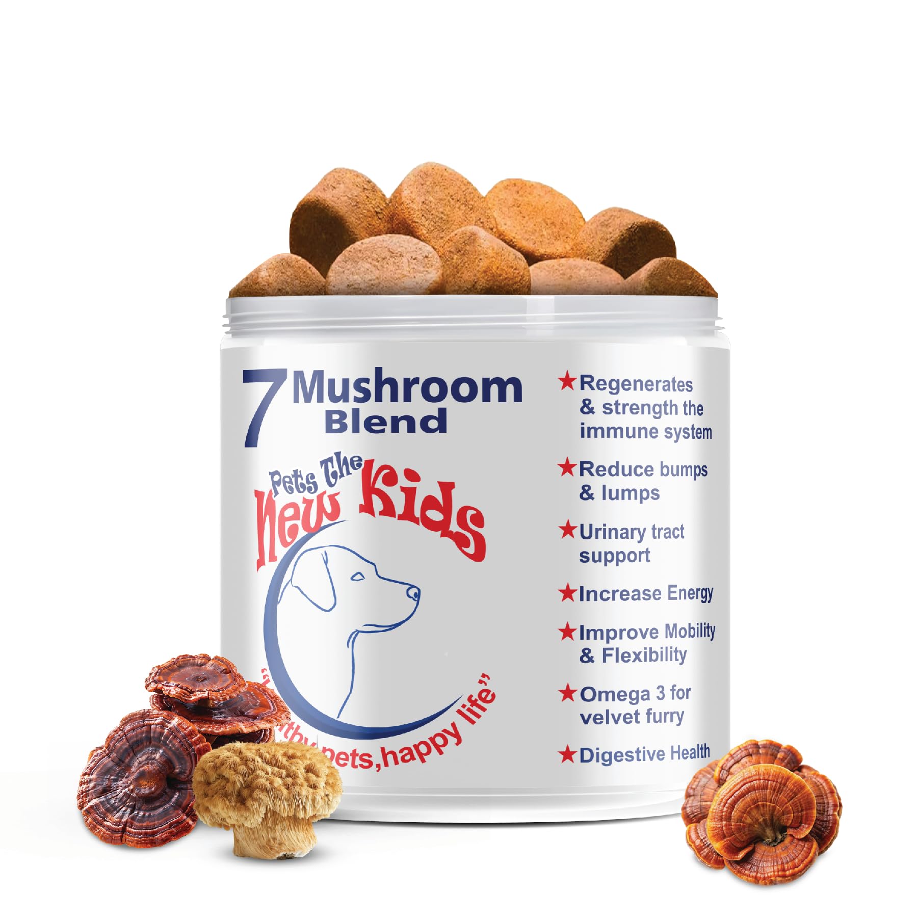 7 Mushroom Blend Supplement for Dogs with Omega 3 Fish Oil & Cranberry Extract No More Messy Foods with Powders!, Each chew Have The Exact Active