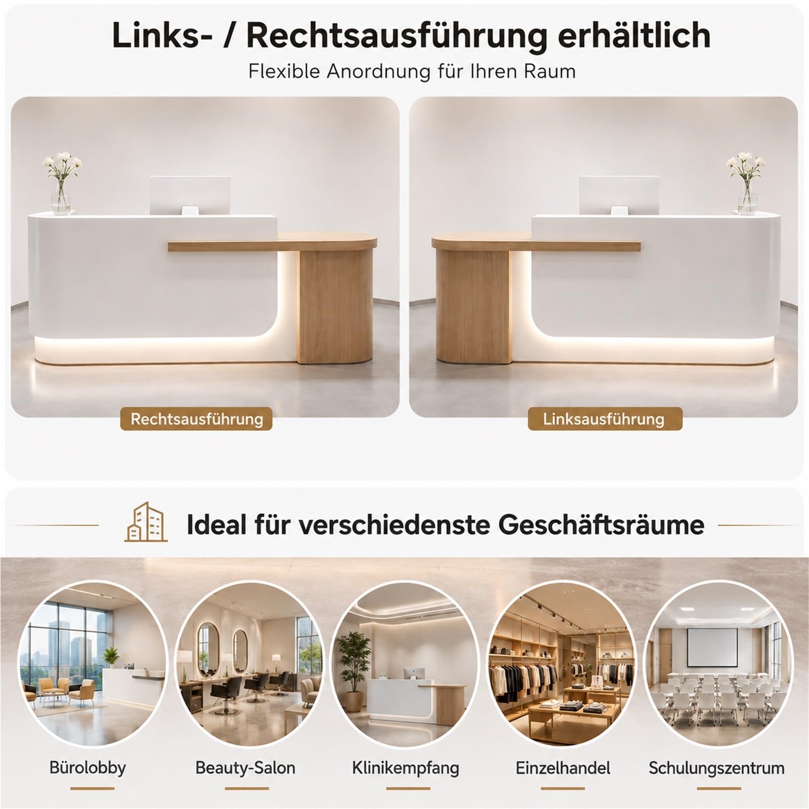 Empfangstheke Hochglanz Lackiert, Empfangstresen Büro Schreibtisch Kassentheke Mit Stauraum, L-Form Rezeptionstheke Für Büro Salon Praxis(Beige Left,150cm/59)