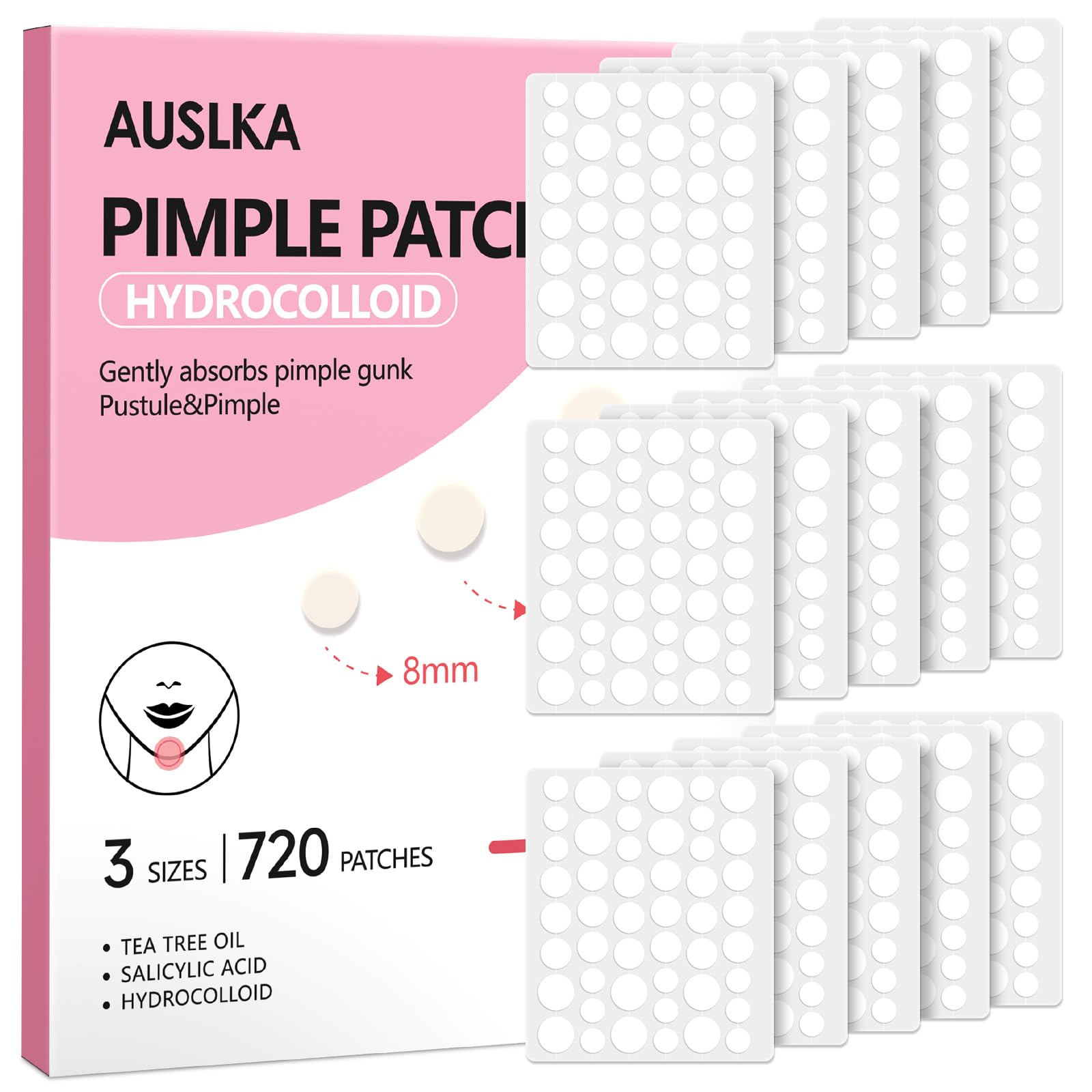 AUSLKA Pimple Patch Bulk 720 Pimple Patches for Face Hydrocolloid Spot Patch Stickers for Zits Blemishes Suitable for