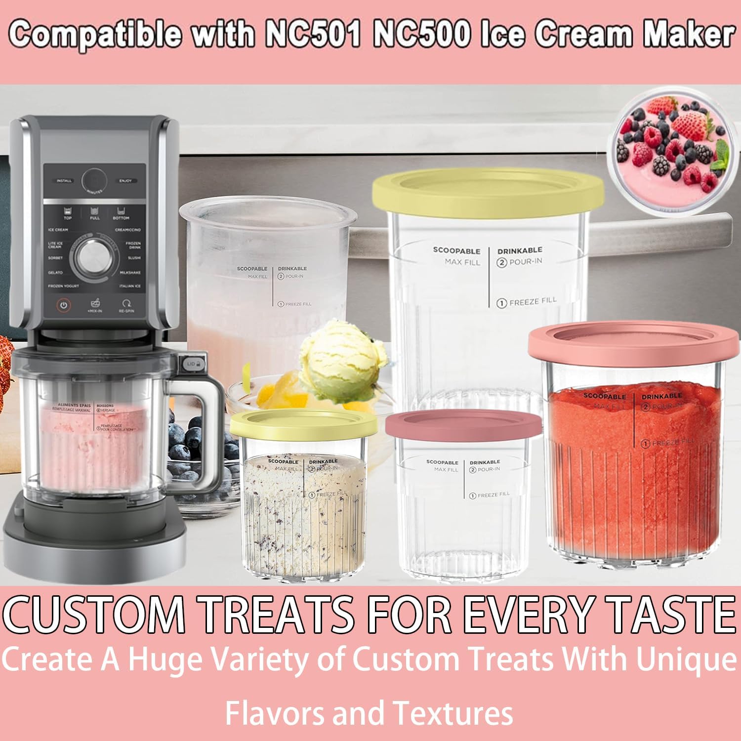4 Pezzi Contenitori per Gelato per Ninja Creami,Vaschetta Contenitore Gelato,Vaschette per Gelato Riutilizzabili,Vaschette per Gelato con Coperchi y 4 cucchiai
