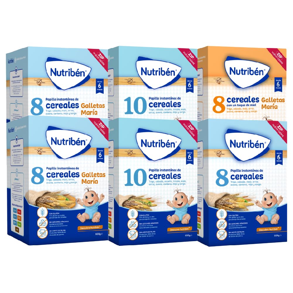 Nutriben Papillas Variadas (8 Cereales, 8 Cereales Galleta María, 8 Cereales Miel Galleta María + 10 Cereales), 3600g, Alimento para Bebés a partir de 6 meses. Sin aceite de palma, Pack de 6 x 600g