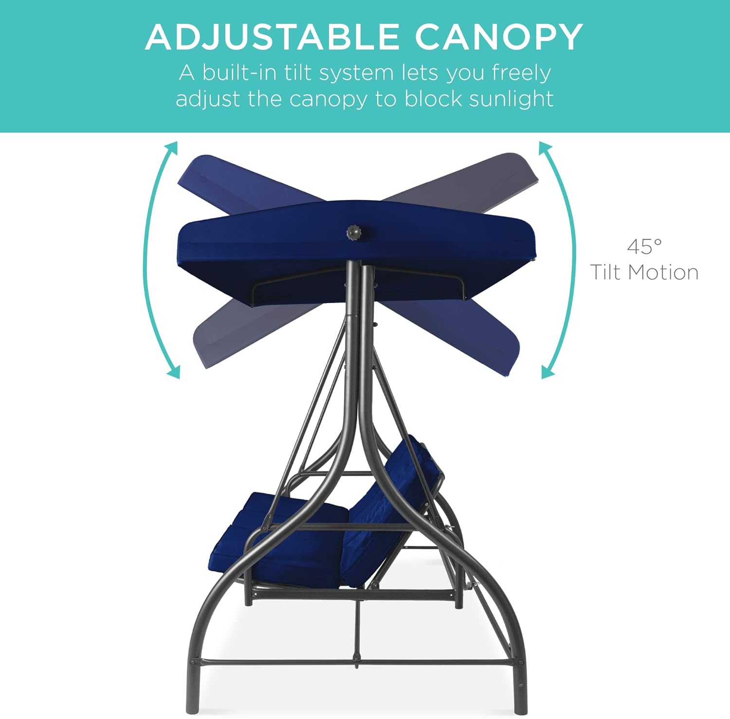 Diagram showing the adjustable canopy with a 45-degree tilt motion.