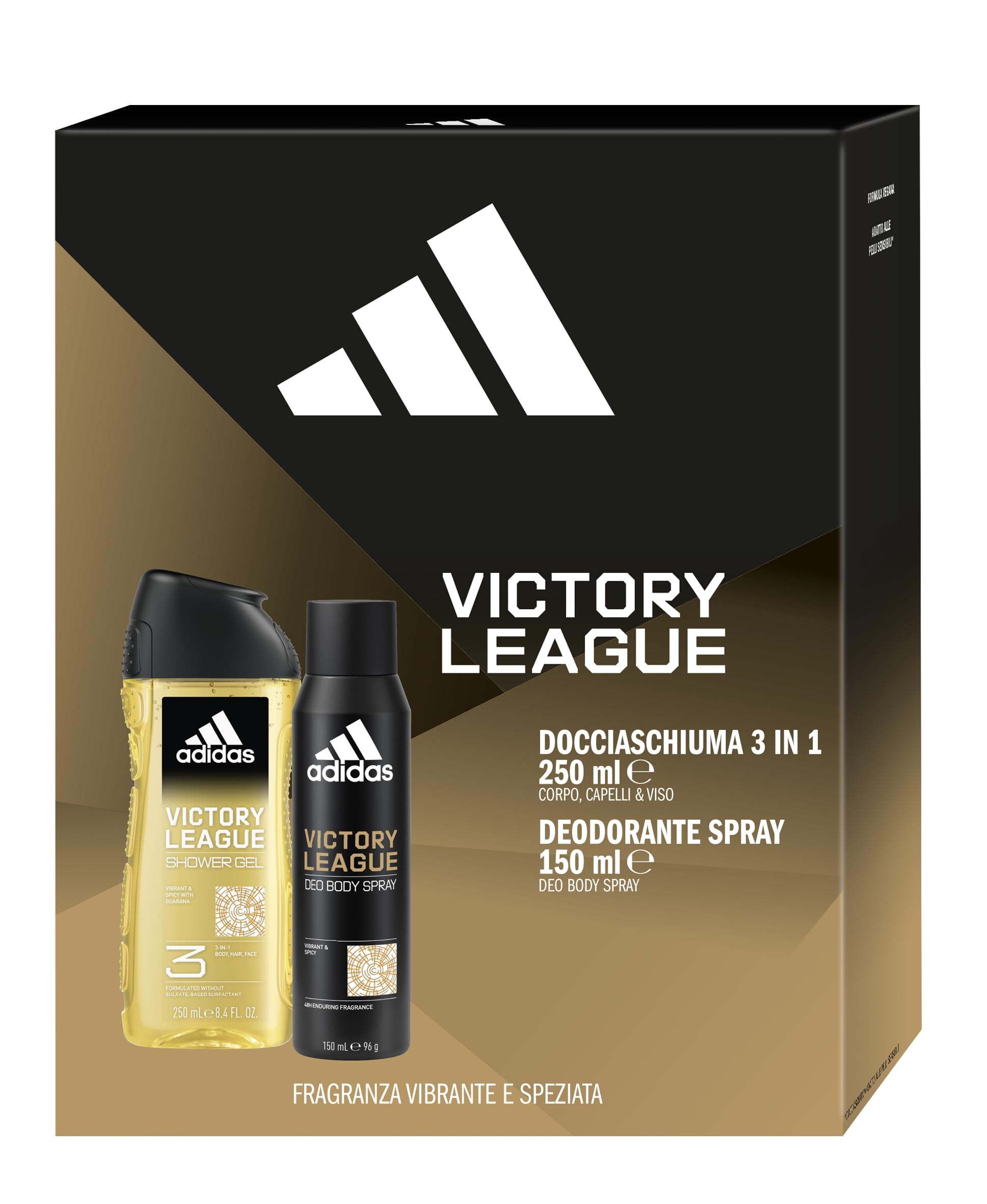adidas, Cofanetto Regalo Victory League, Deodorante Spray per il corpo 150ml e Docciaschiuma 3 in 1 250ml