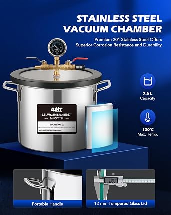 ORION MOTOR TECH 7.6L Vacuum Chamber with Pump Kit, 3.5 cfm Vacuum Pump and Chamber Kit with Tempered Glass Lid 5 ft Hose, Vacuum Degassing Chamber Kit for Stabilizing Wood Degassing Silicone Resin