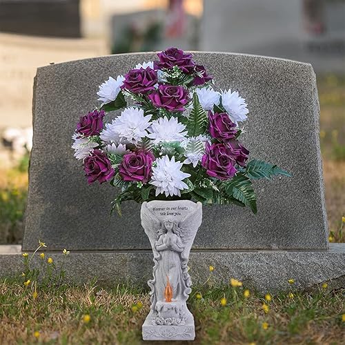 Miniatura 8 de Regalo conmemorativo del cementerio estatua de ángel de jardín con luces solares y jarrones, florero de ángel de oración, estatuas de jardín de