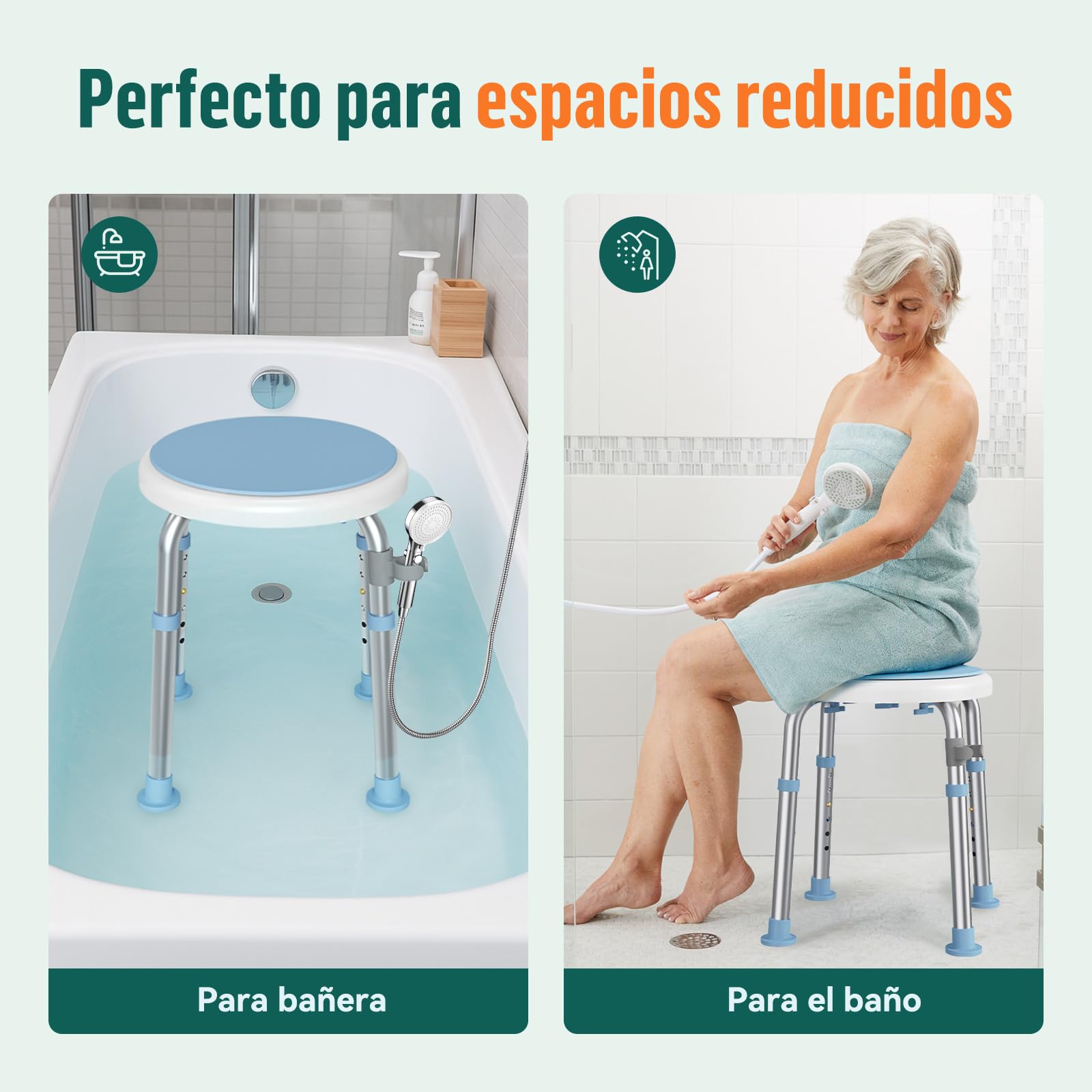 LC01 Silla de Ducha Giratoria 360° Regulable en Altura – Taburete de Ducha Antideslizante de Aluminio, Asiento de Baño Ligero para Mayores y Personas con Movilidad Reducida