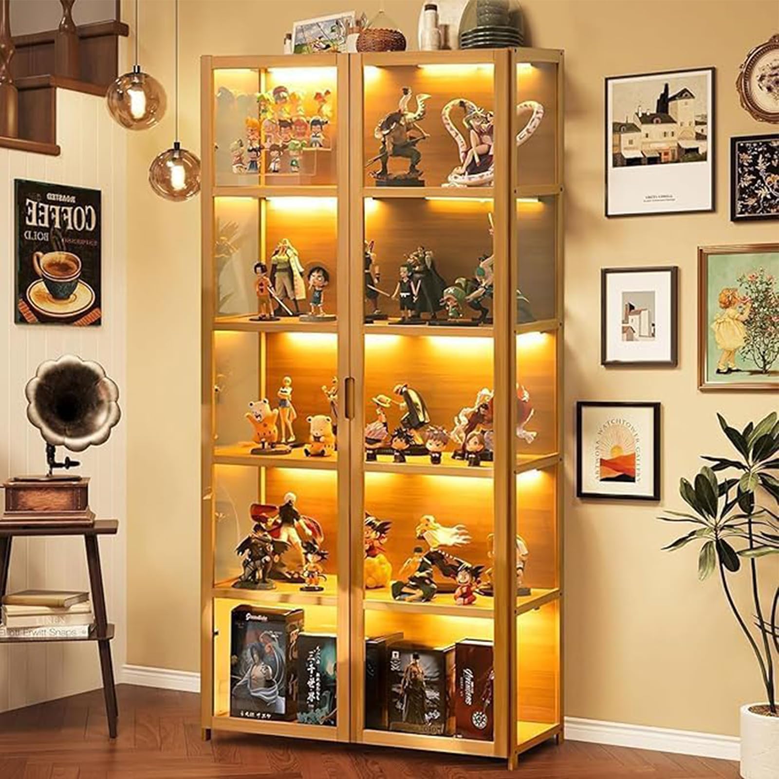 Scribora Display Cabinet with Acrylic Glass Door, 5 Tier Curio Display Case, Collectibles Toy Organizers Rack & Display Shelf, Kids Bookcase for Bedroom Reading Room (Brown-folio Door)