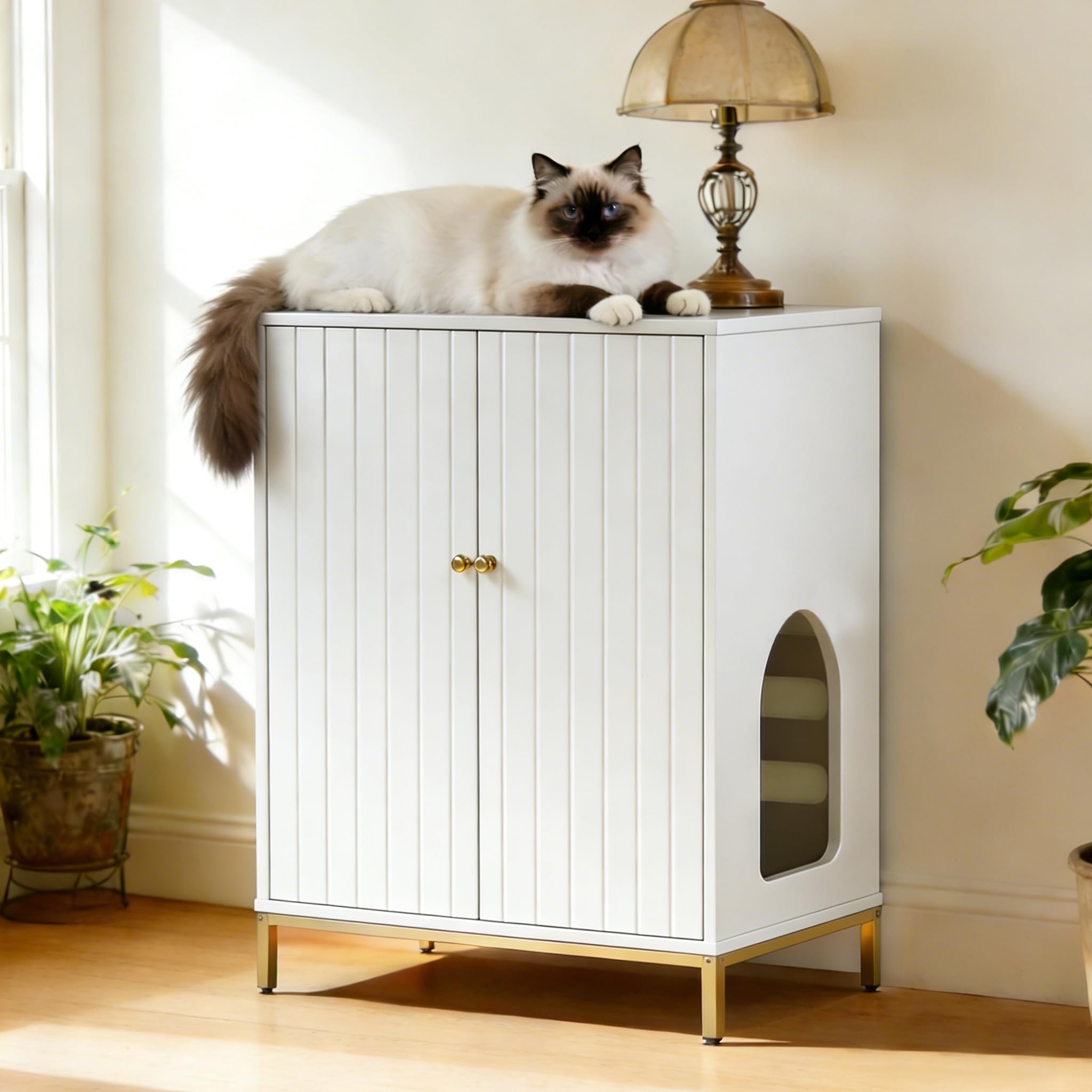 31.5" Tall Hidden Cat Litter Box Furniture with Storage Cabinet, Cat Litter Box Enclosure End Table with Ventilated Back Panel, Modern Cat Washroom Cabinet for Living Room or Bedroom, White