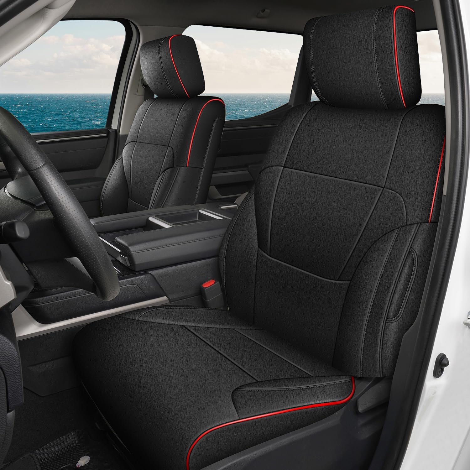 Seat Covers for Toyota Tundra 2022 2023 2024 2025 CrewMax SR SR5 Limited Platinum 1794 FFV TRD Pro, Custom Fit Truck Car Full Set Faux Leather Black (Black with Red Line, Full Seat 01/2022-2025)