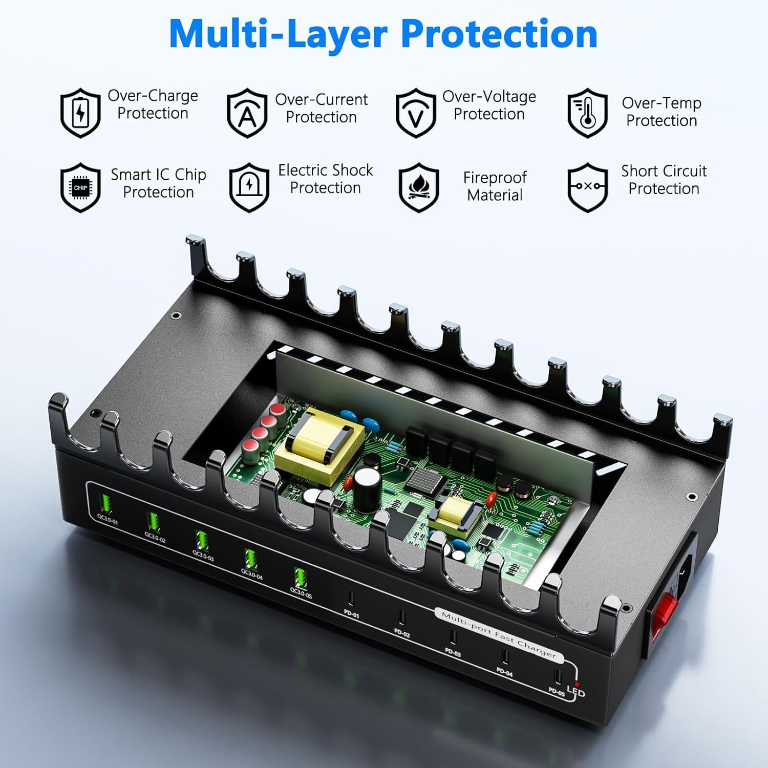 Ladestation, USB-C-Ladestation für mehrere Geräte, Gesamtleistung 200W 10 Ports [5USBA & 5USBC] Ladestation, 10 Ladekabel, Kompatibel mit iPhone 11/12/13/14/15/16/XS/XR/8/Handy/Tablet