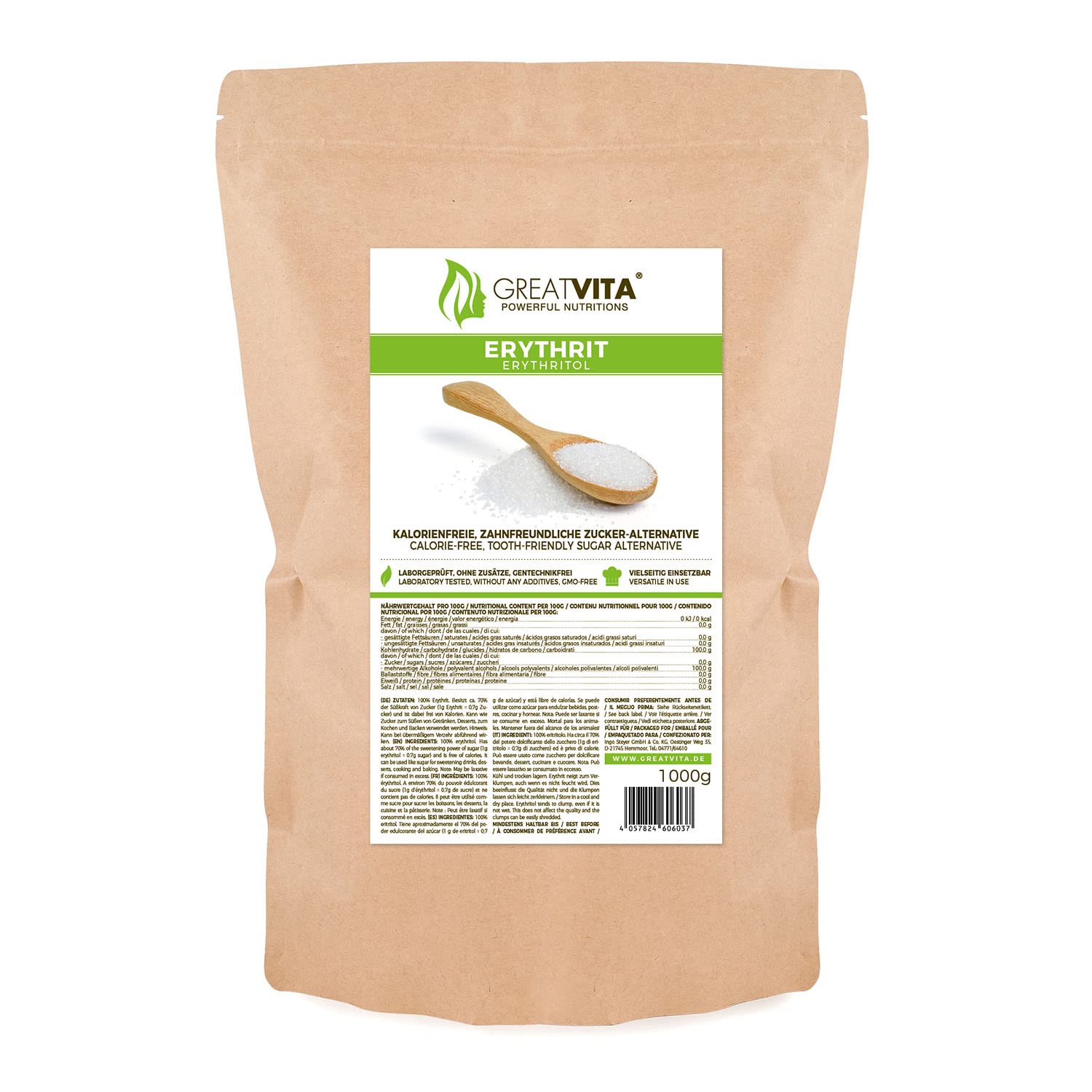 GreatVita Erythrit 1000 g | Kalorienfreies Süßungsmittel & Zucker-Alternative | Zahnfreundlich, gut löslich & glutenfrei | Ideal für Getränke, Desserts & Backen