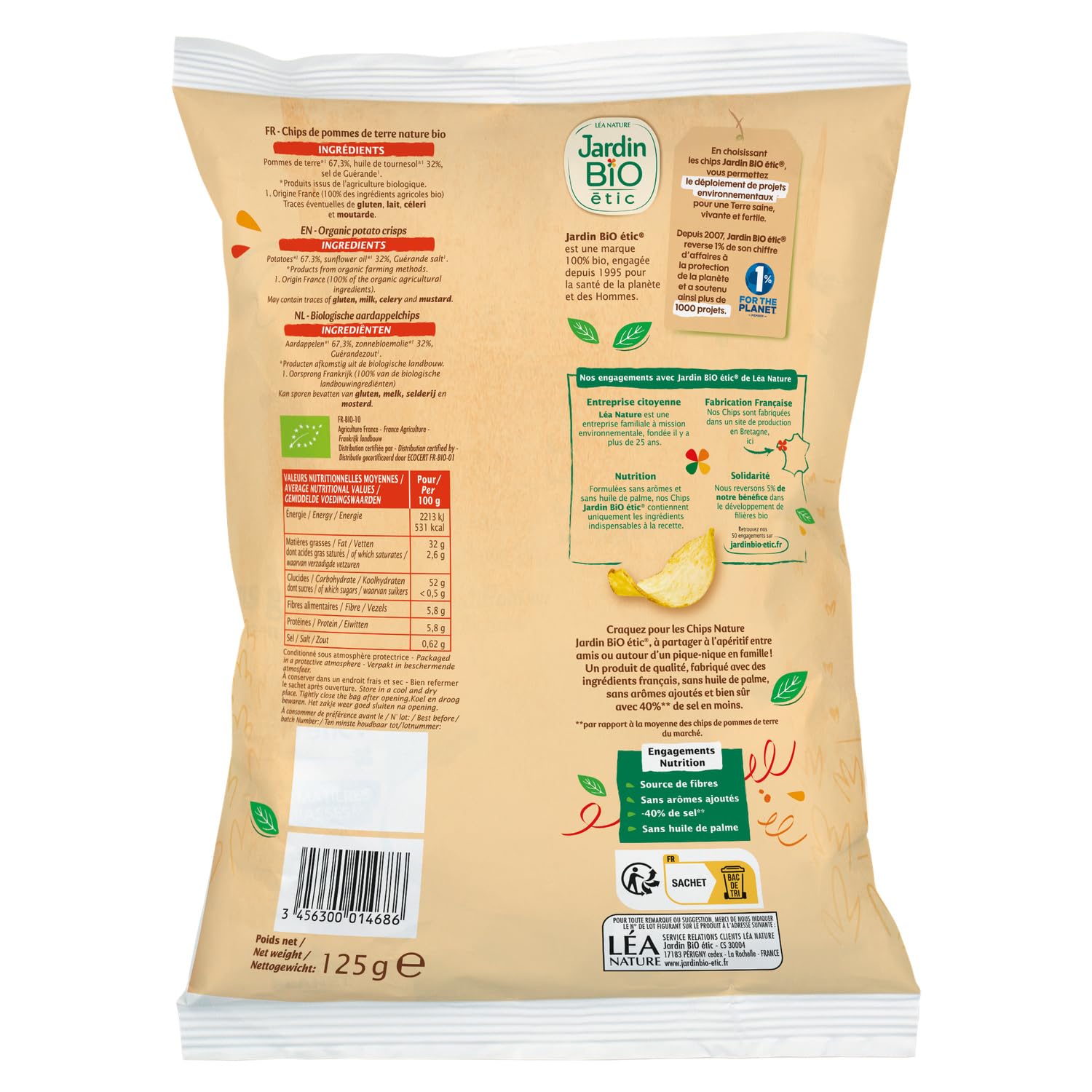 JARDIN BIO ETIC Chips Pomme de Terre Nature Bio 125g — Réduction de Sel, Origine France, Sans Huile de Palme - Lot de 6