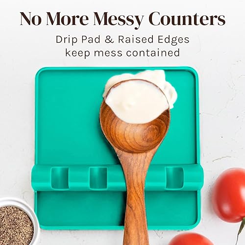 Miniatura 3 de Soporte de cuchara de silicona verde aguamarina para estufa con almohadilla de goteo (paquete de dos unidades), resistente al calor, sin BPA,