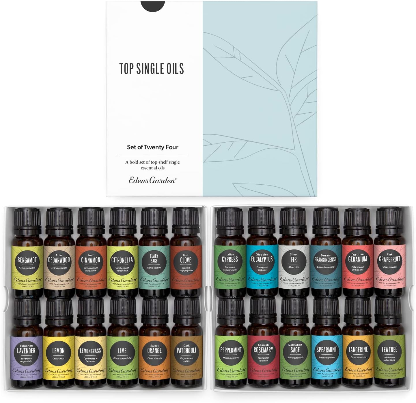 Edens Garden Essential Oils Top 24 Set – 100% Pure Therapeutic Grade, Undiluted, Natural Aromatherapy Scents Kit for Diffusers, Massage & Yoga – Relaxing Holiday Gift for Men & Women, 10 ml/ 24 Pack