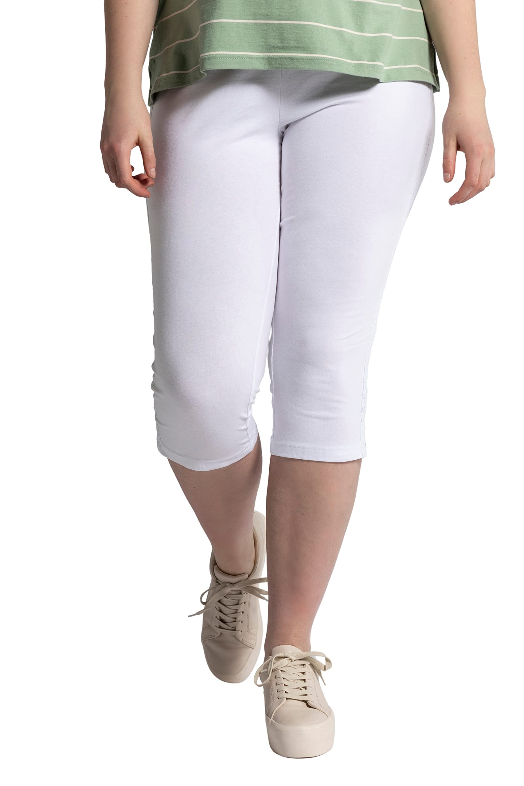 Ulla Popken Women's Organic Cotton Side Lace Trim Capri Leggings, Snow White, 32W x 32L