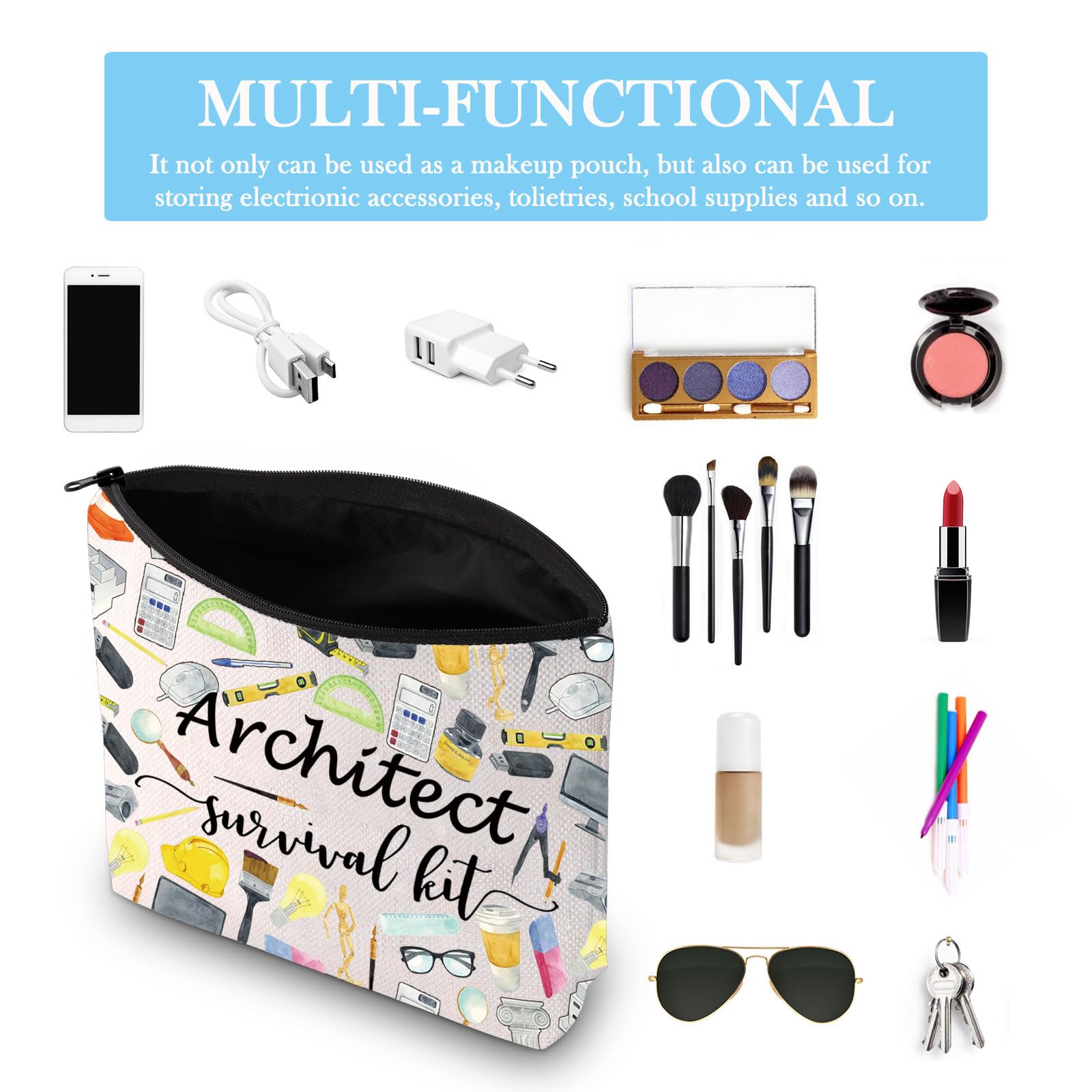 GJTIM Regalos de arquitectura, regalo para estudiantes, kit de supervivencia de arquitectura, bolsa de maquillaje con cremallera para arquitectos, Survival Architect 2 bolsas, Neceser de lona con