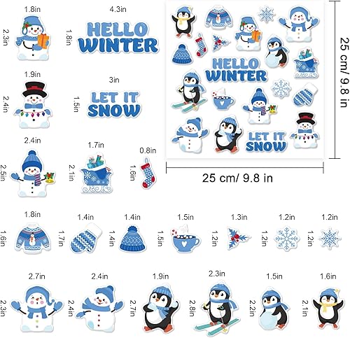 Miniatura 5 de Whaline 2 hojas de calcomanías de gel gruesas de invierno, muñeco de nieve, pingüino, copo de nieve, ventana, reutilizables, lindos hola invierno,