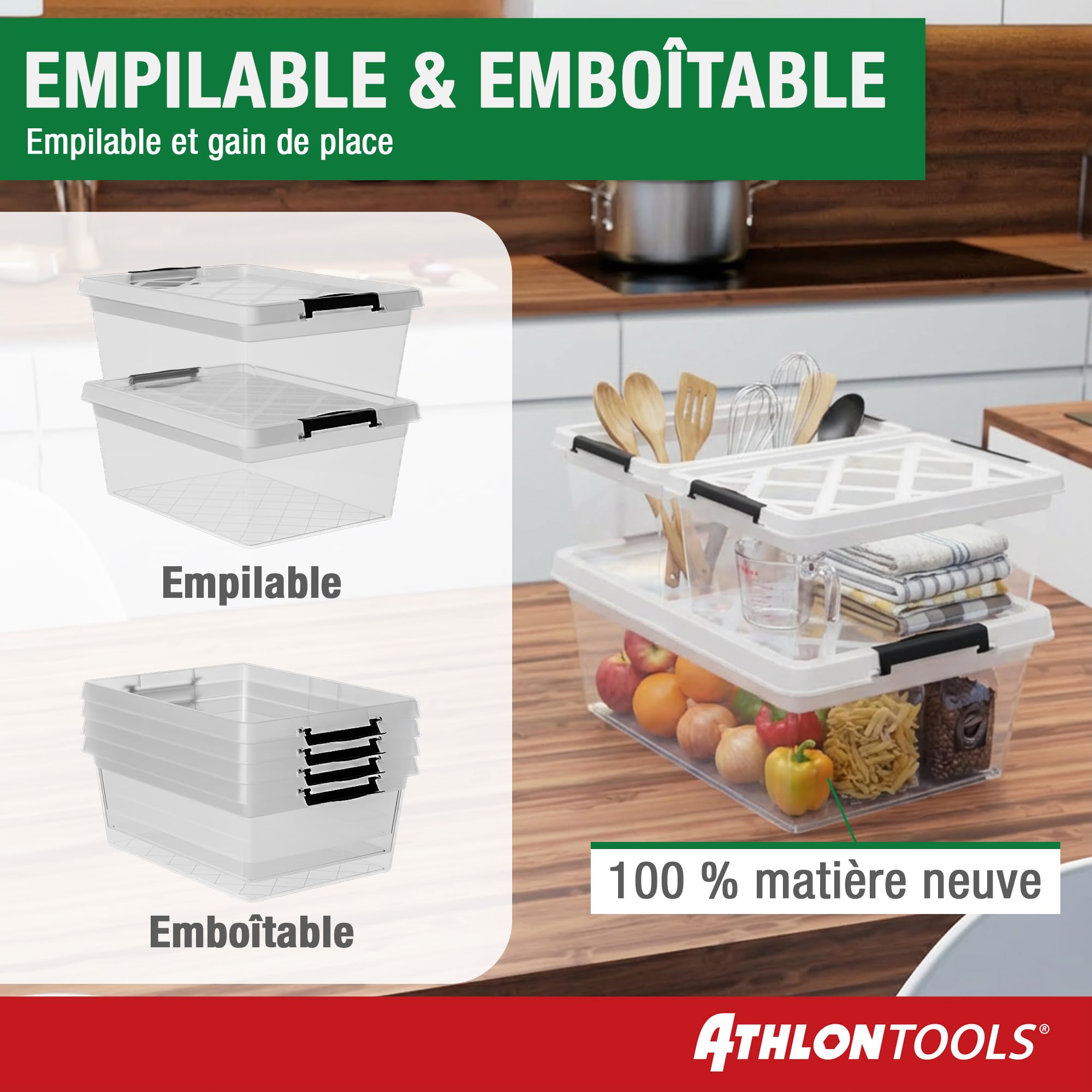 ATHLON TOOLS 4 boîtes de rangement de 12,5 l avec couvercle, de qualité alimentaire, clips de fermeture, 100% neuf, boîte en plastique transparente, boîtes à vêtements empilables