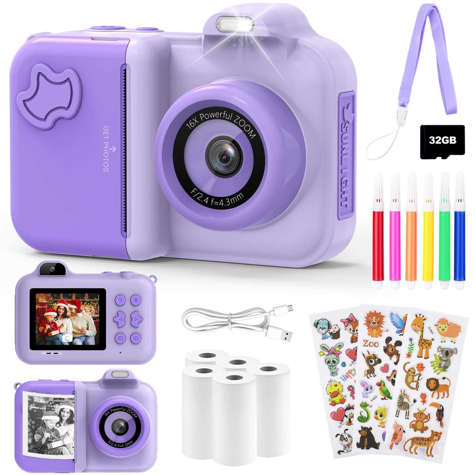 Appareil Photo Instantané Enfant 2.4" - 48MP, Vidéo 1080p, Imprime Photos - Cadeau 3-14 Ans Avec Carte 32GB