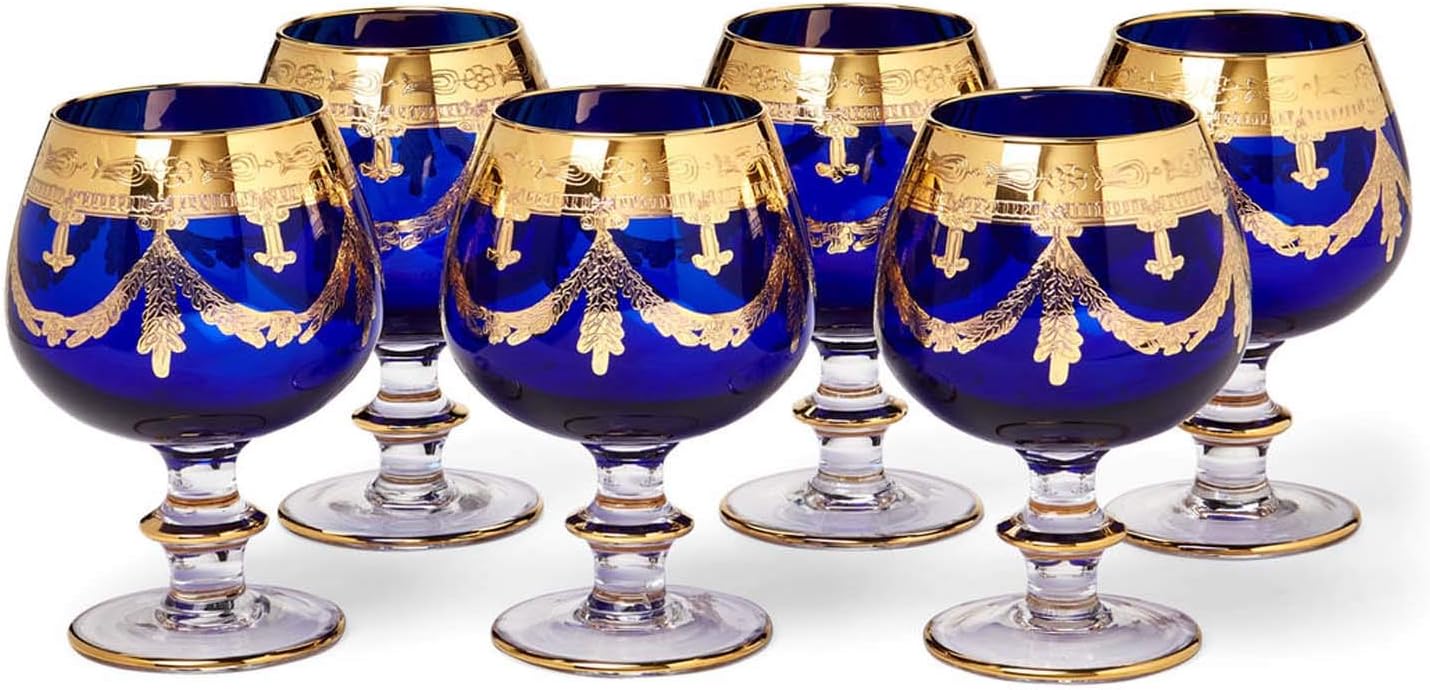 Interglass - Italy, Cobalt Blue Crystal Cognac Snifters Goblets, Vintage Design, 24K Gold Hand Decorated, 10 Oz, SET OF 6