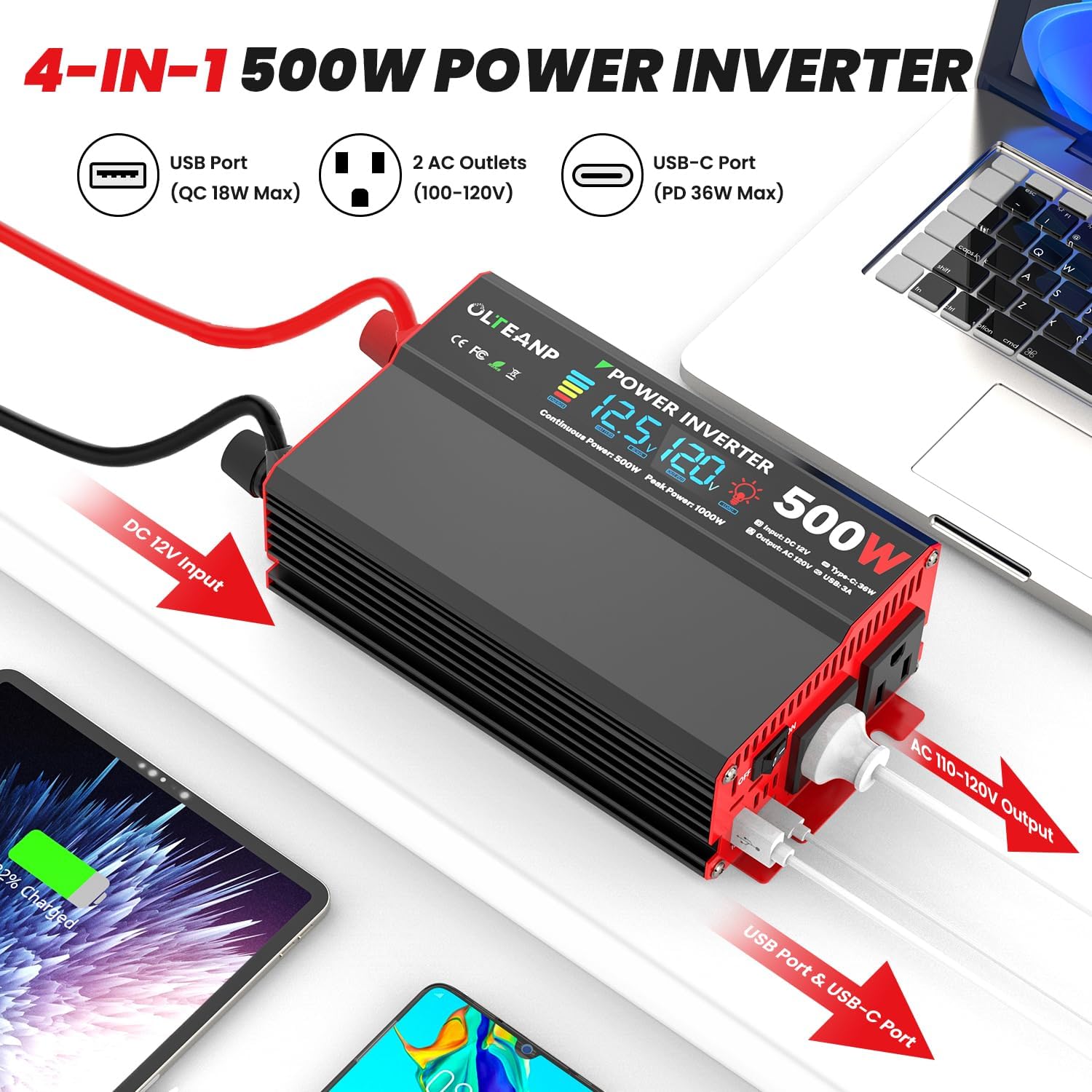 500 watt power inverter close-up on AC outlets and USB ports