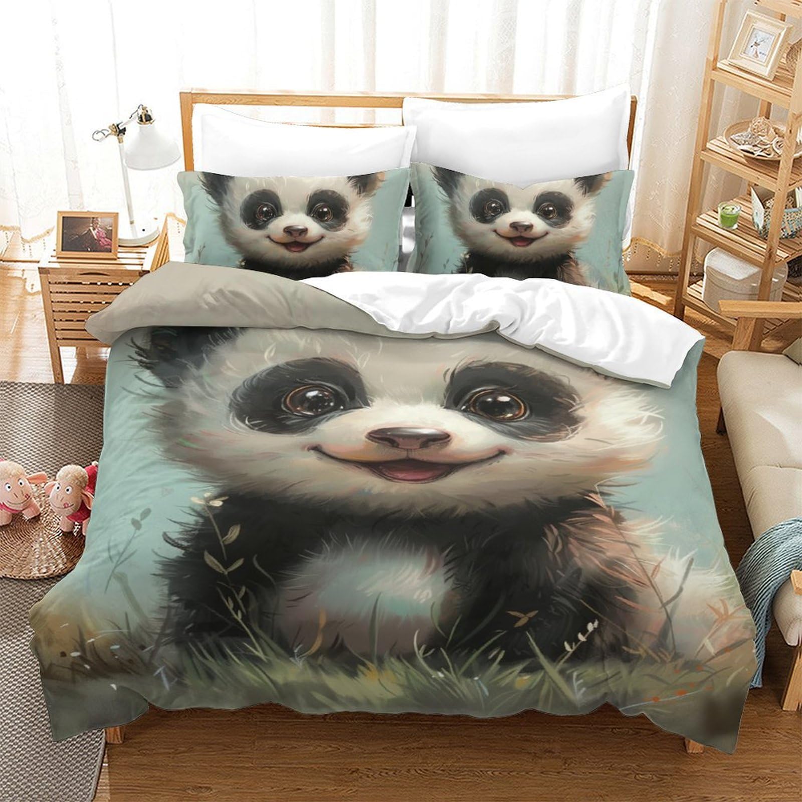 Housse de couette panda 3D 140x200 cm avec 2 taies d'oreiller pour lit simple