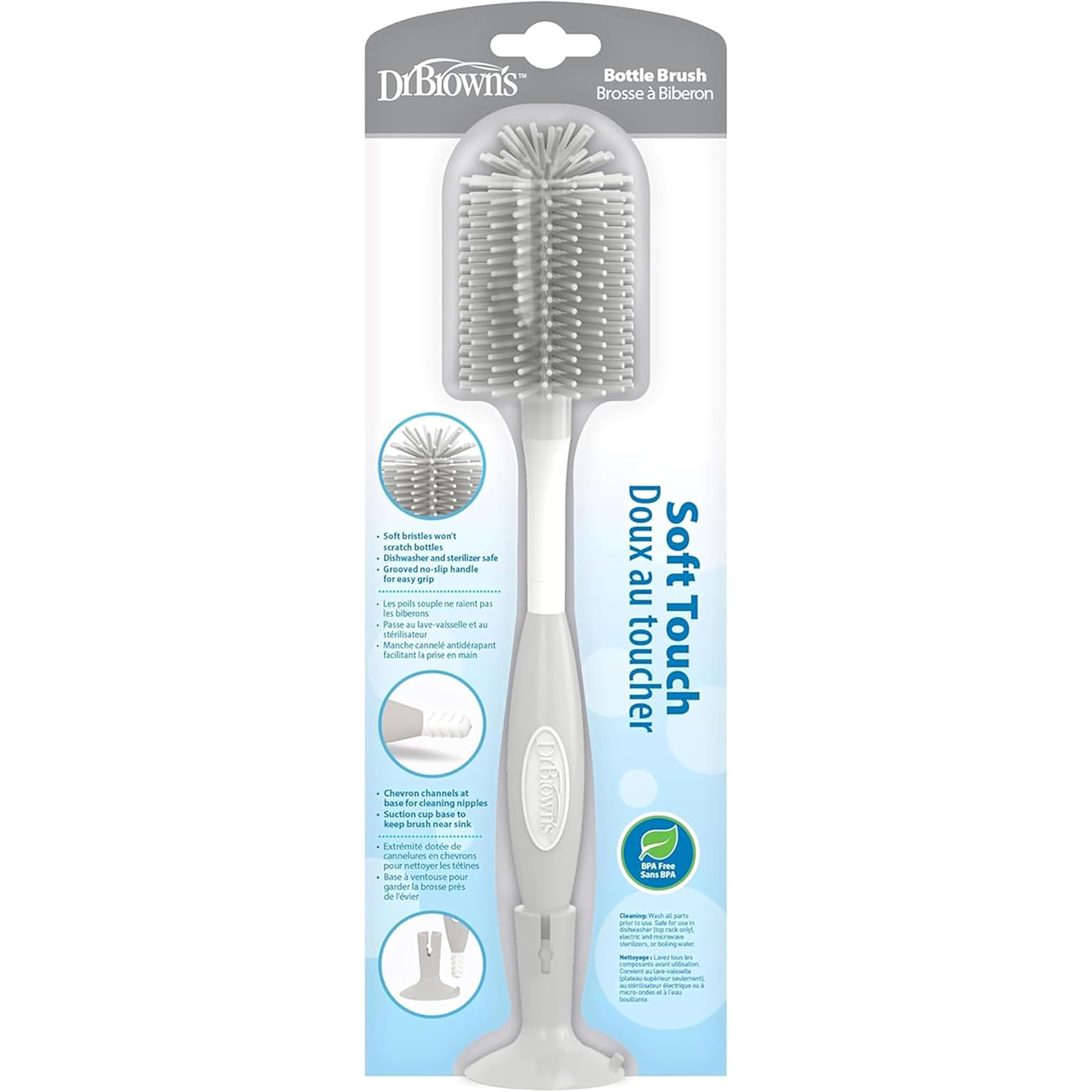 Dr. Brown's Soft Touch Brosse De Nettoyage Pour Biberon Sans Rayures Avec Support Et Clip De Rangement, Sans BPA, Rose