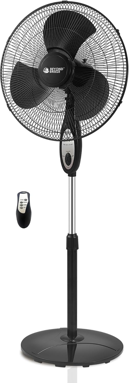 BEYOND BREEZE 18-Inch Pedestal Fan with Remote, Height Adjustable Stand Fan with Timer, Free Standing Fan with 90-Degree Oscillating and 3-Speed Settings, Black