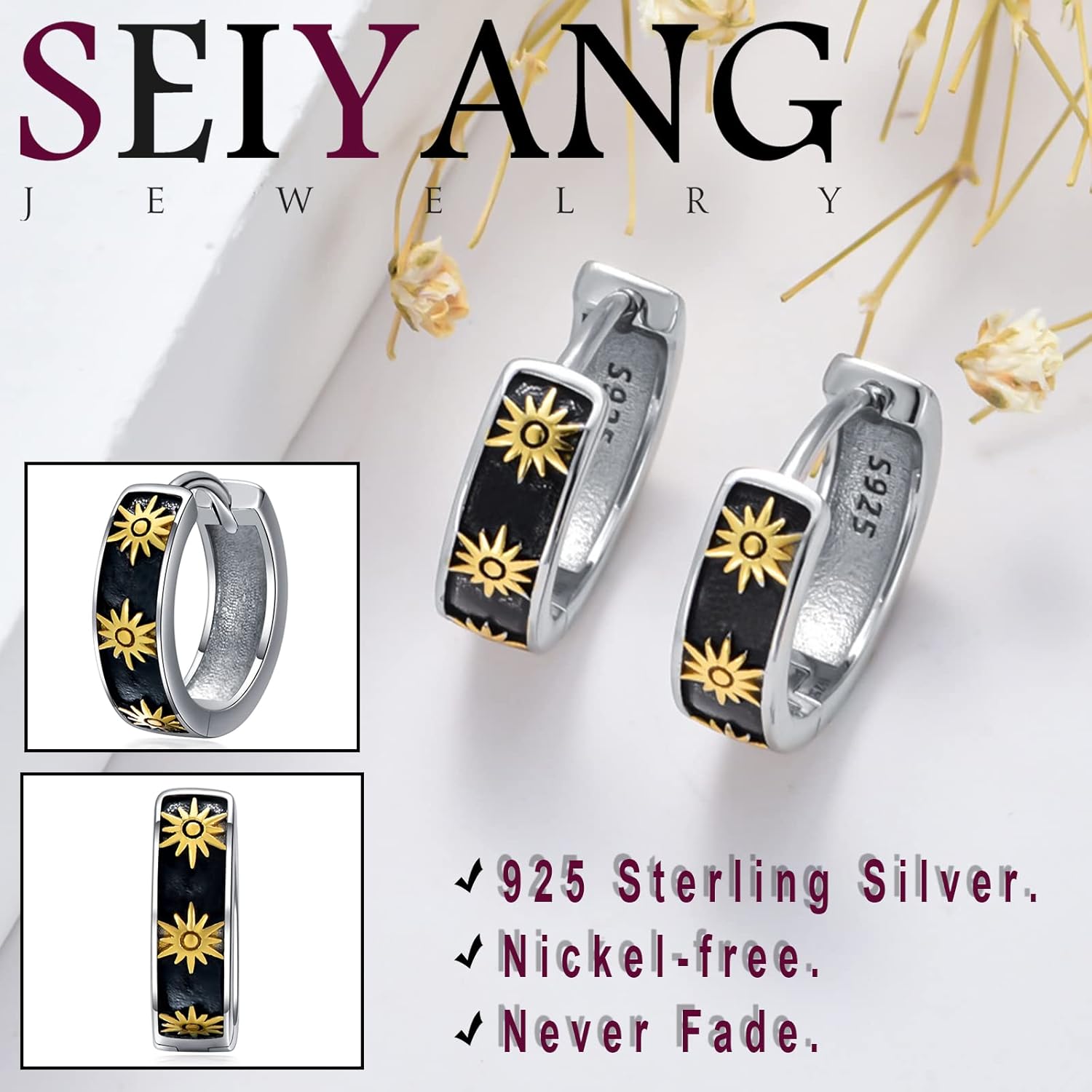 Seiyang Huggie Hoop Earrings for Men 925 Sterling Silver Carving Earrings Viking Black Hoop Earring Jewelry Cross Rose Rune Gift (with Gift Box)