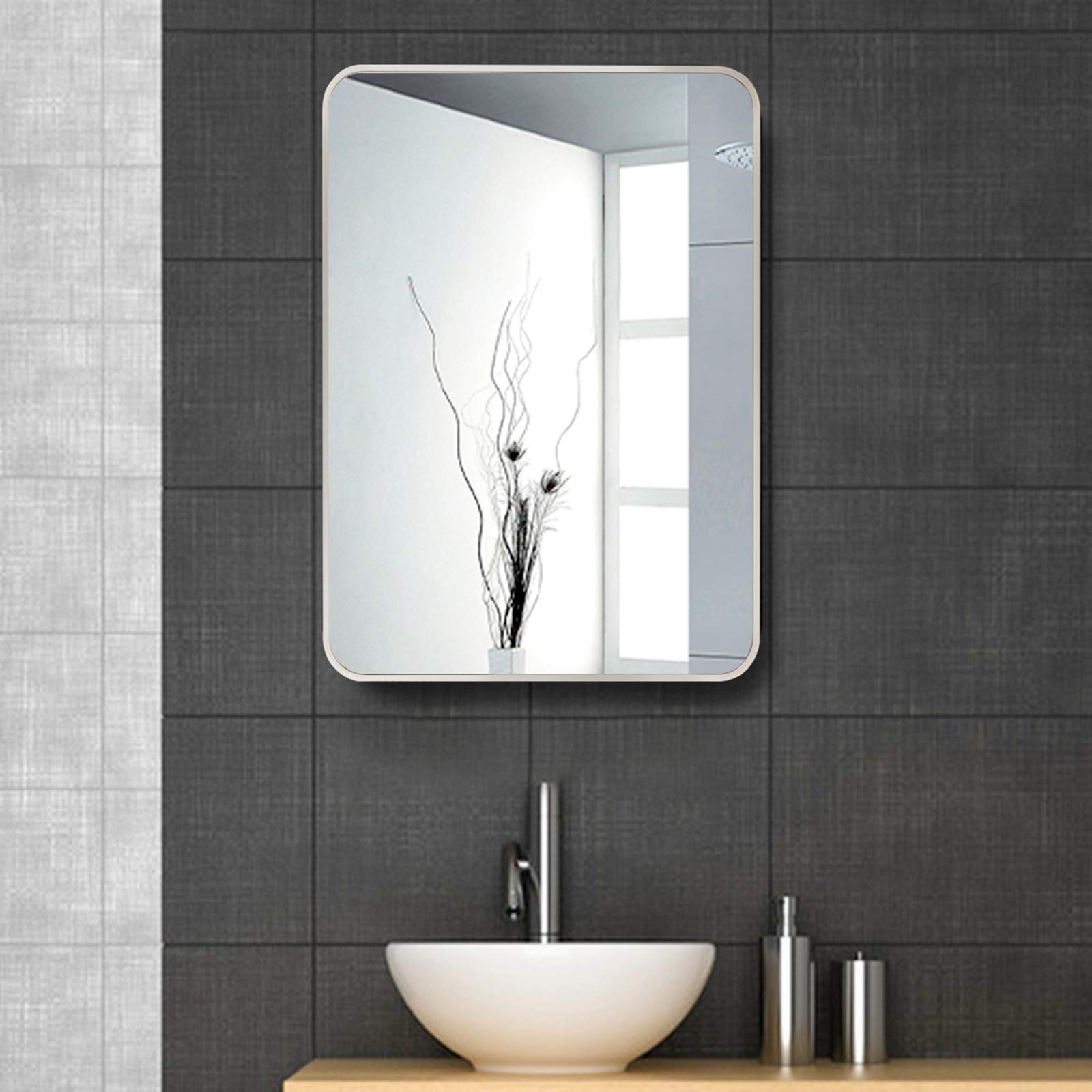BEAUTYPEAK Wall Mirror 20" x 28" Rectangular Rounded Corners Mirror with Aluminum Alloy Frame Hanging Mirror for Living Room Bedroom Bathroom Entryway, Hangs Horizontal or Vertical, Silver