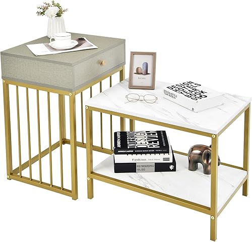 Miniatura 3 de Tangkula Juego de 2 mesas auxiliares anidadas, rectangulares modernas y apilables para sala de estar, mesa auxiliar 2 en 1 que ahorra espacio con