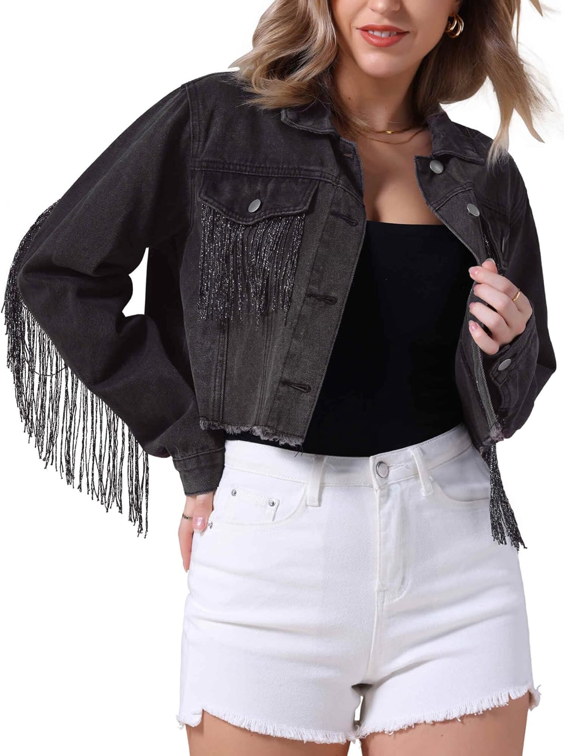 Womens Cropped Jean Jackets Long Sleeve Western Frayed Tassel Fringe Denim Jacket