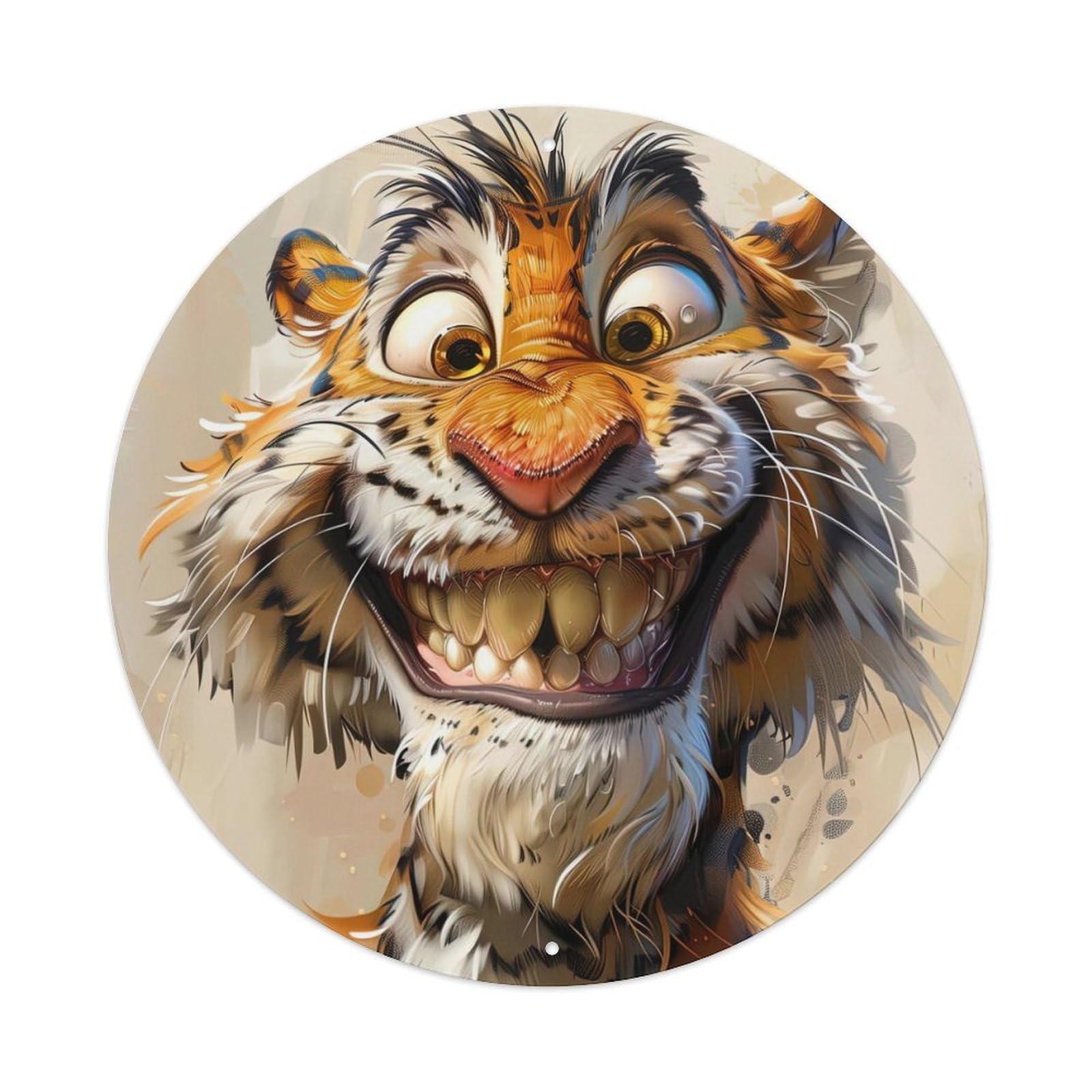 Animal Poster Happy Tiger Vintage Metal Tin Sign Plaque Wall Decor for Cafe, Club, Garden Round Metal Poster 8x8Inch