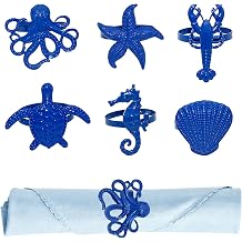 Blue Coastal Nautical Napkin Rings Set of 6 Starfish Shell Lobster Napkin Ring for Beach Wedding Party,Seashell Octopus Napkin Holder Ring for Baby Shower Holiday Gaghering Dinner Table Decor