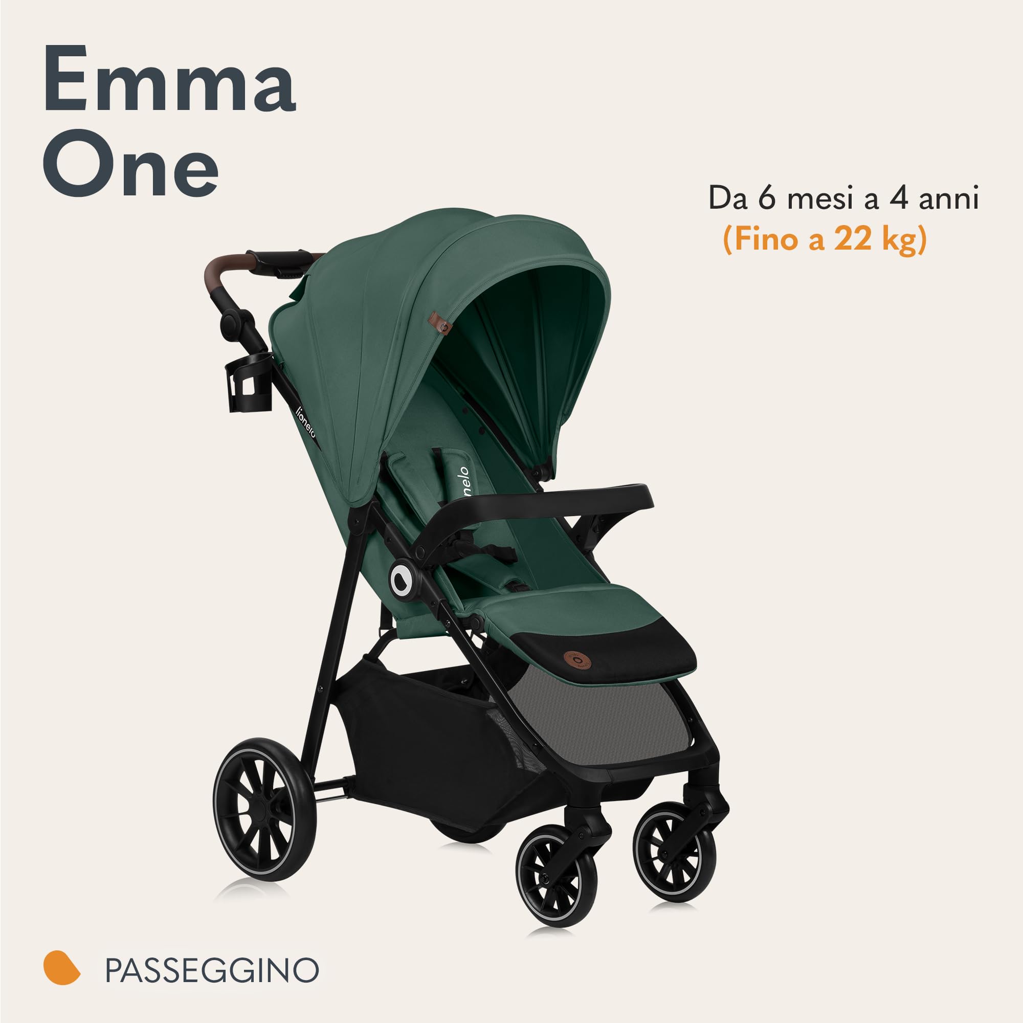 LIONELO EMMA ONE Passeggino laggero per Bambini fino a 22 kg, Compatti con Posizione nanna, Ruote Piroettanti 360° e Assorbimento, Pieghevole Veloce, Schienale e Poggiapiedi Regolabili Tettuccio XXL