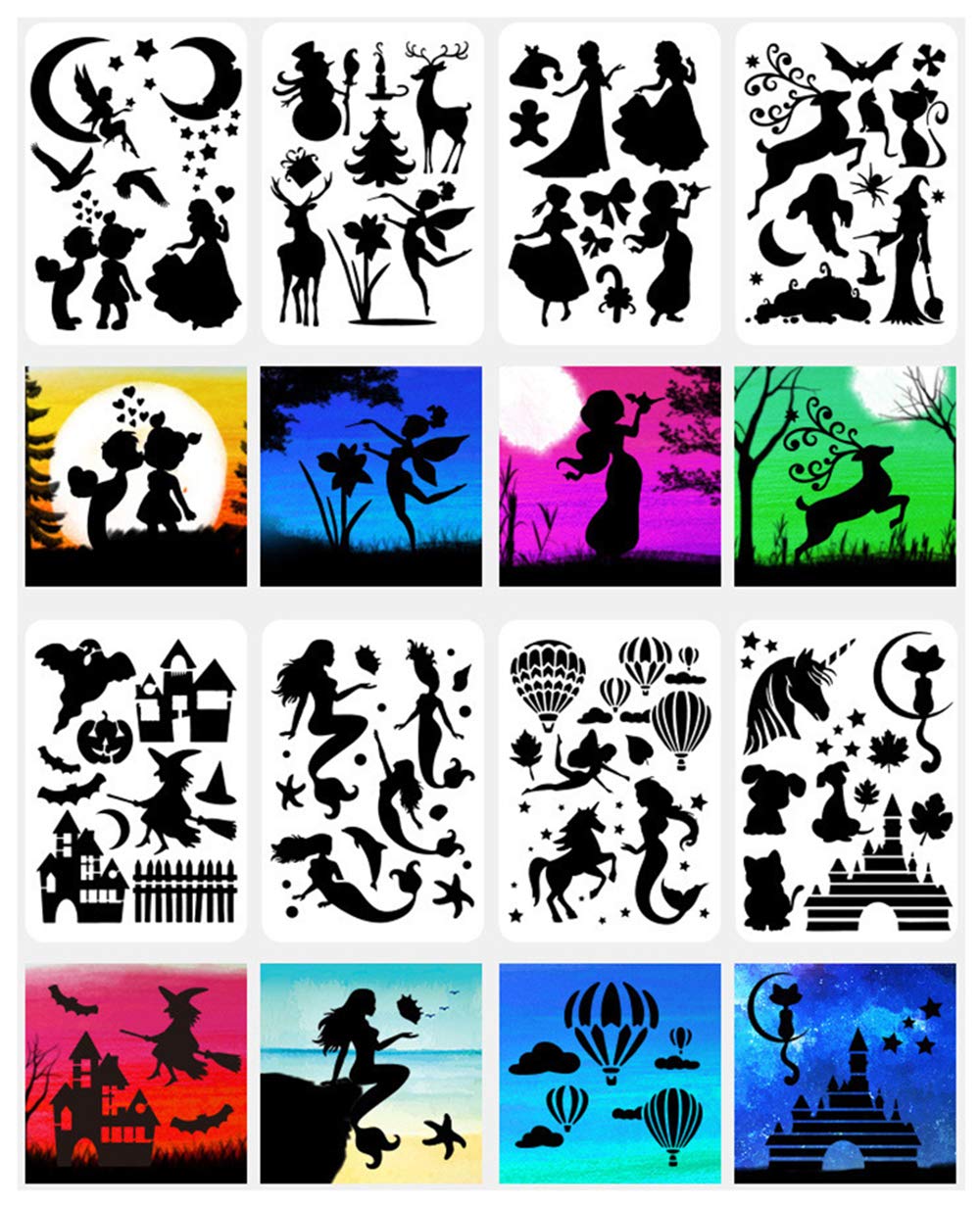zijingyiran Fast Draw Stencil Art A4 Templates, Fantasy Silhouette Hollow Painting Template, Reusable DIY Drawing Sketch Graffiti Stencils 16 Sheets