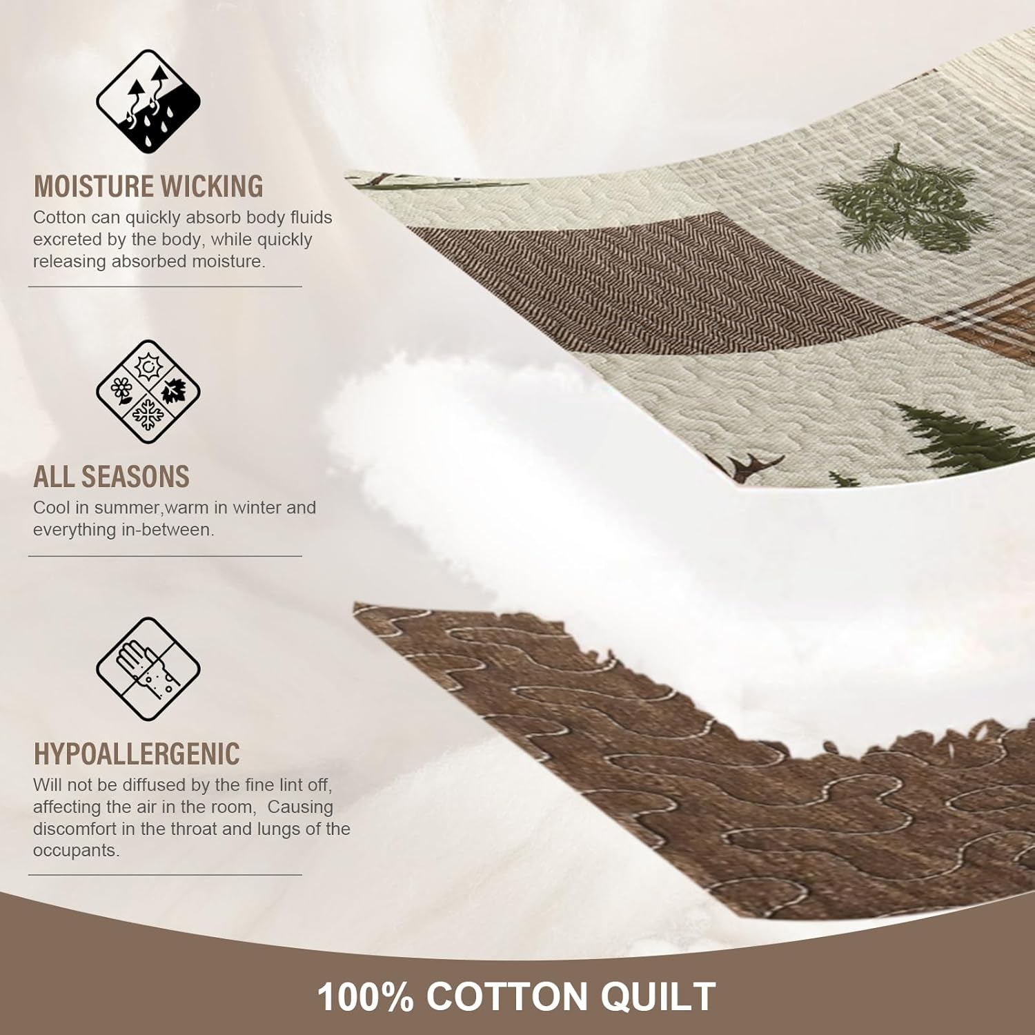 Cabin Queen Quilt Set, 100% Cotton Farmhouse Quilted Bedspreads, Bear Deer Patchwork Plaid Lightweight Comforter, Reversible Bedding Set, 3 Pieces, Brown/Beige/Green