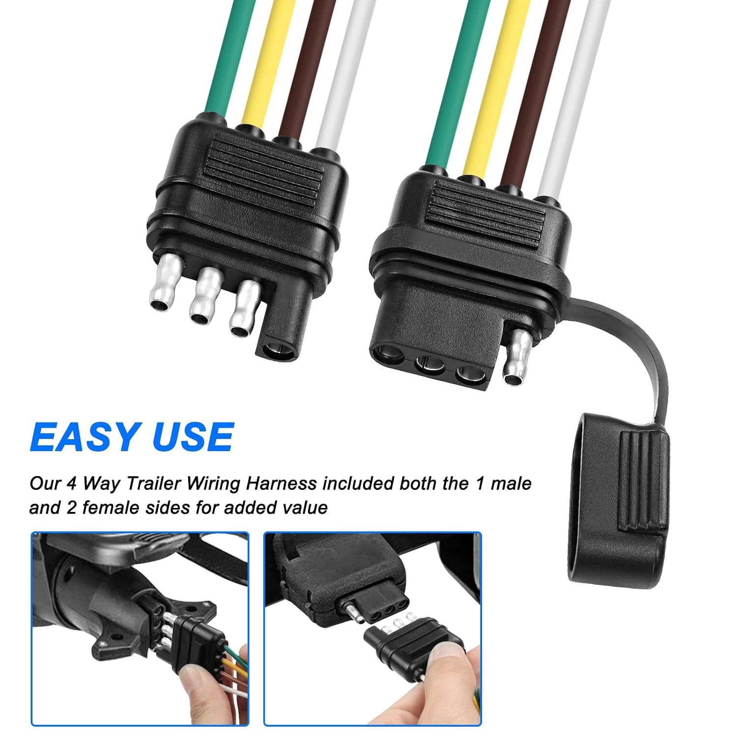 XMSJSIY 4 Way Flat Trailer Y Splitter Adapter Extension Harness 4 Pin Male to Dual Female Connector with Dust Caps Trailer Harness Plug and Play Adapter for LED Tailgate Light Bar & Trailer Light