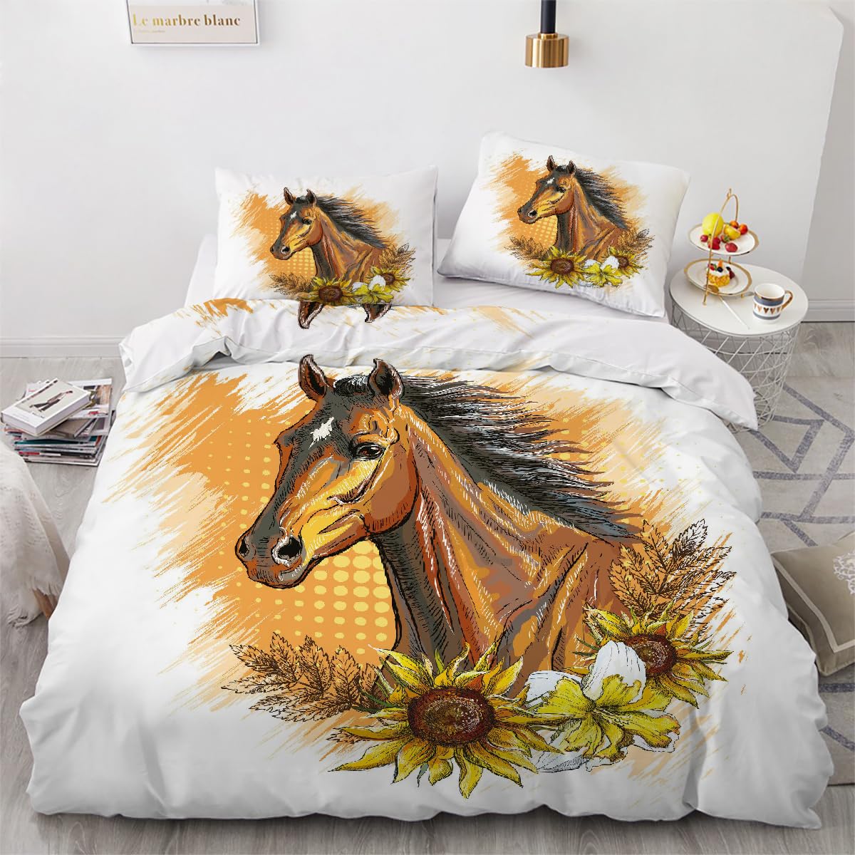 Parure de lit 2 personnes 240x260 motif cheval 3D en microfibre douce réversible à zip
