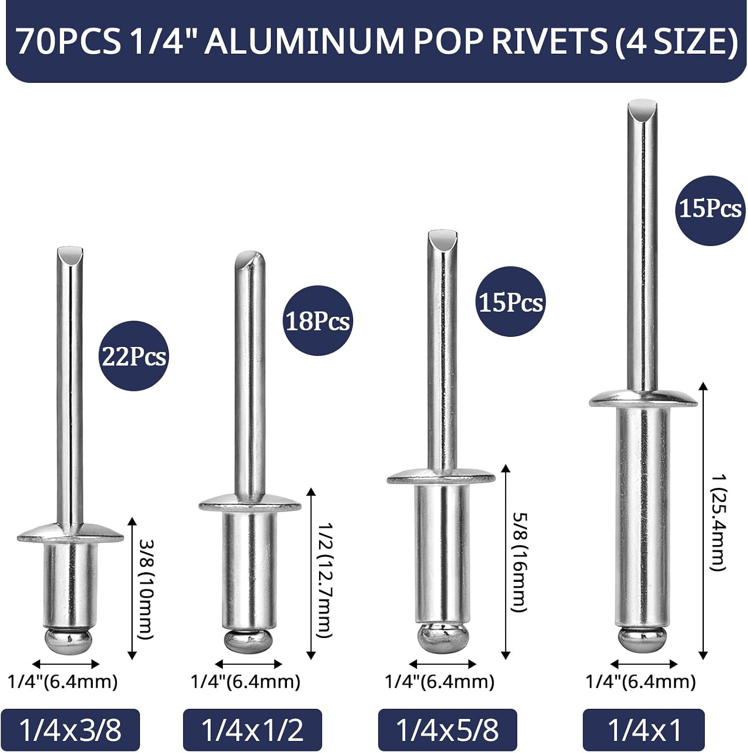 70Pcs 1/4 Pop Rivets Assortment Kit; Aluminum Blind Rivet (3/8 1/2 5/8 1")