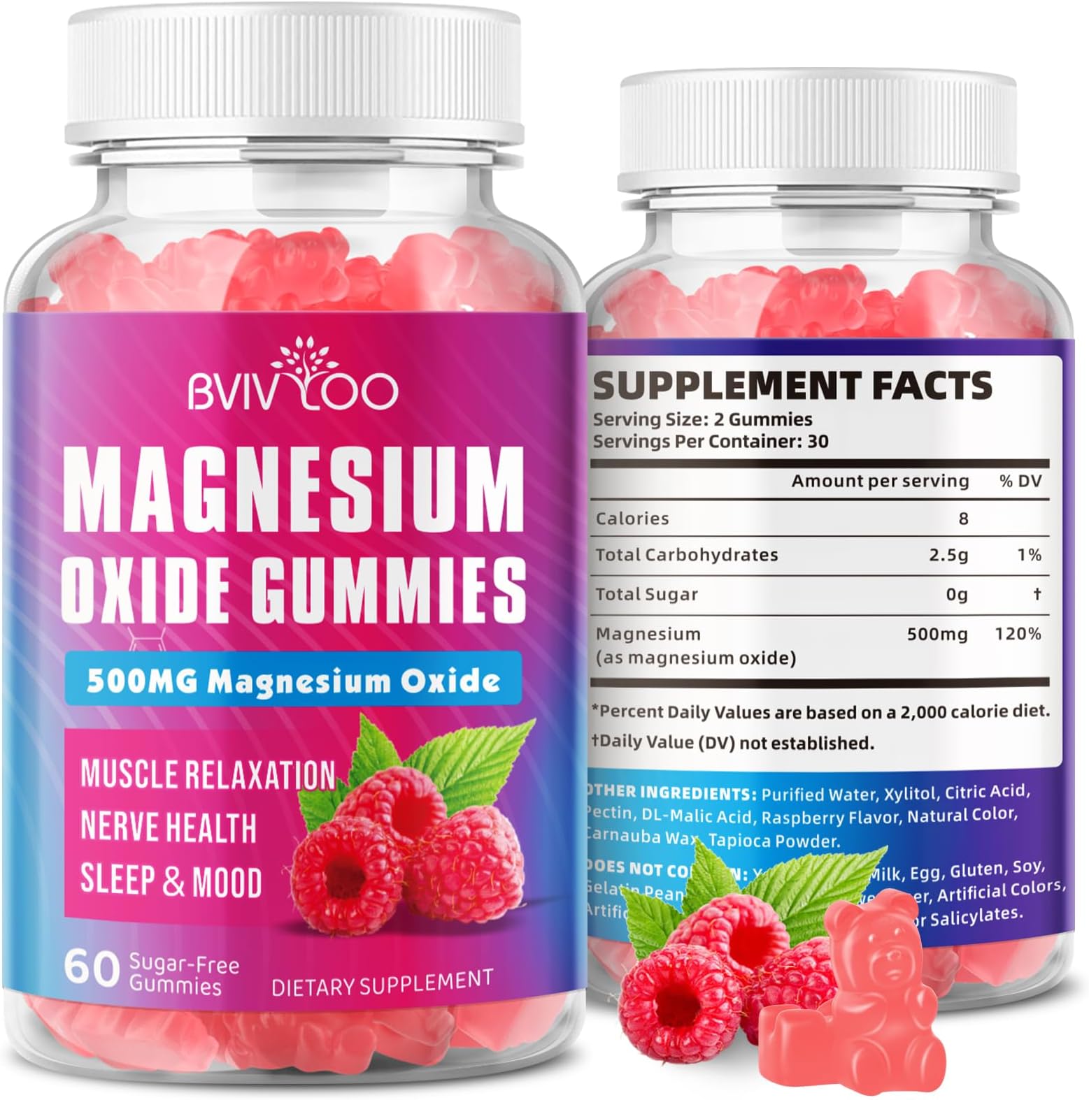 Magnesium Oxide 500mg Gummies for Vegan Sugar-Free Raspberry Flavor, Muscle Recovery, Nerve Health & Relaxation, 60 Gummies (Non-GMO, Gluten & Allergen Free)