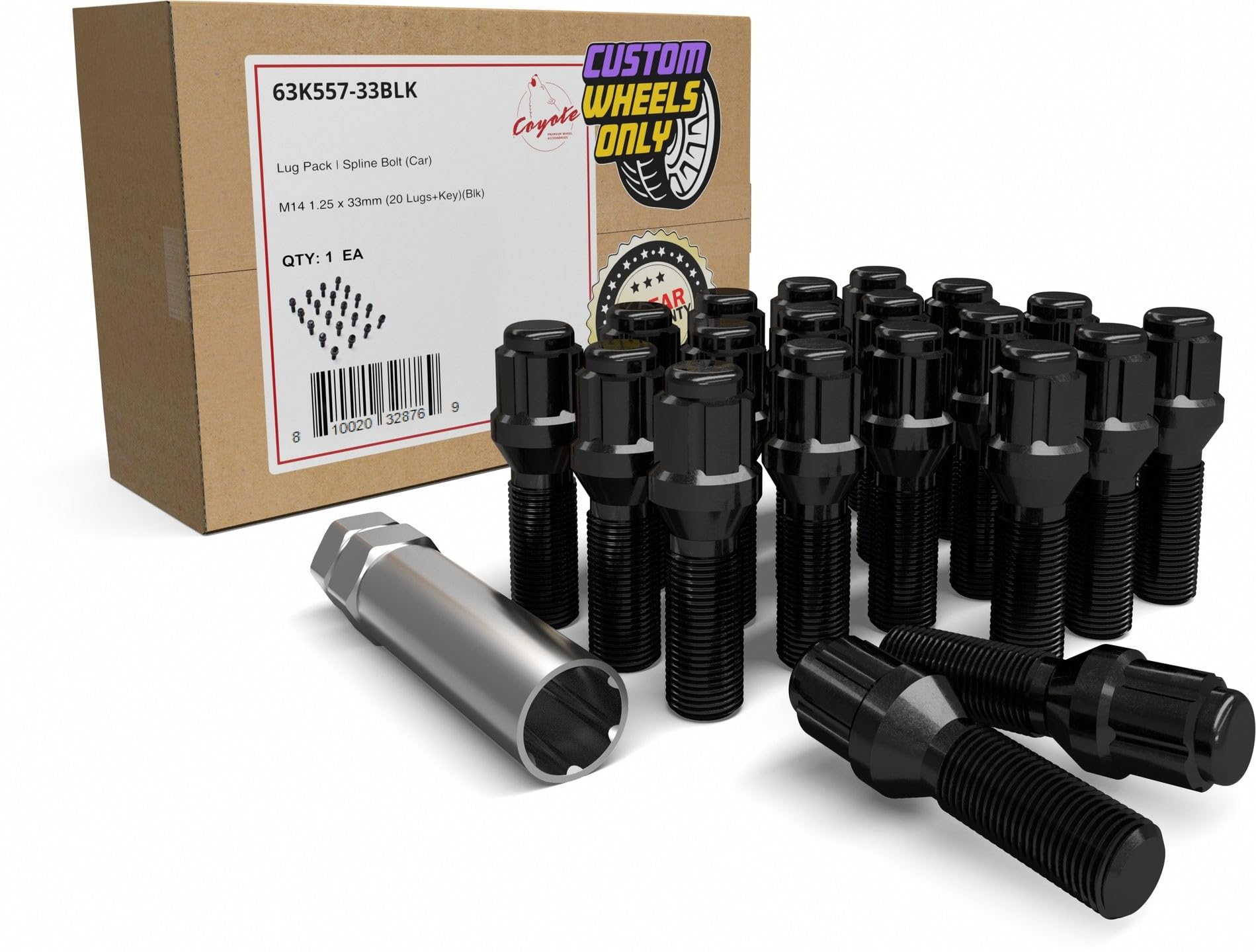 Wheel Accessories Parts 20 Pcs Lug Bolt Set M14 x 1.25 Thread Acorn Seat Lug Bolts Black Finish 33mm Shank Length 6 Spline Car fits BMW 3, 4, 5, 7, 8 Series, M2, M4, M5, M8, X5, X6, X7